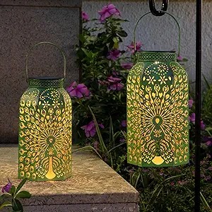 2 Pack Outdoor Solar Lanterns Waterproof Peacock Big Solar Hanging Lights