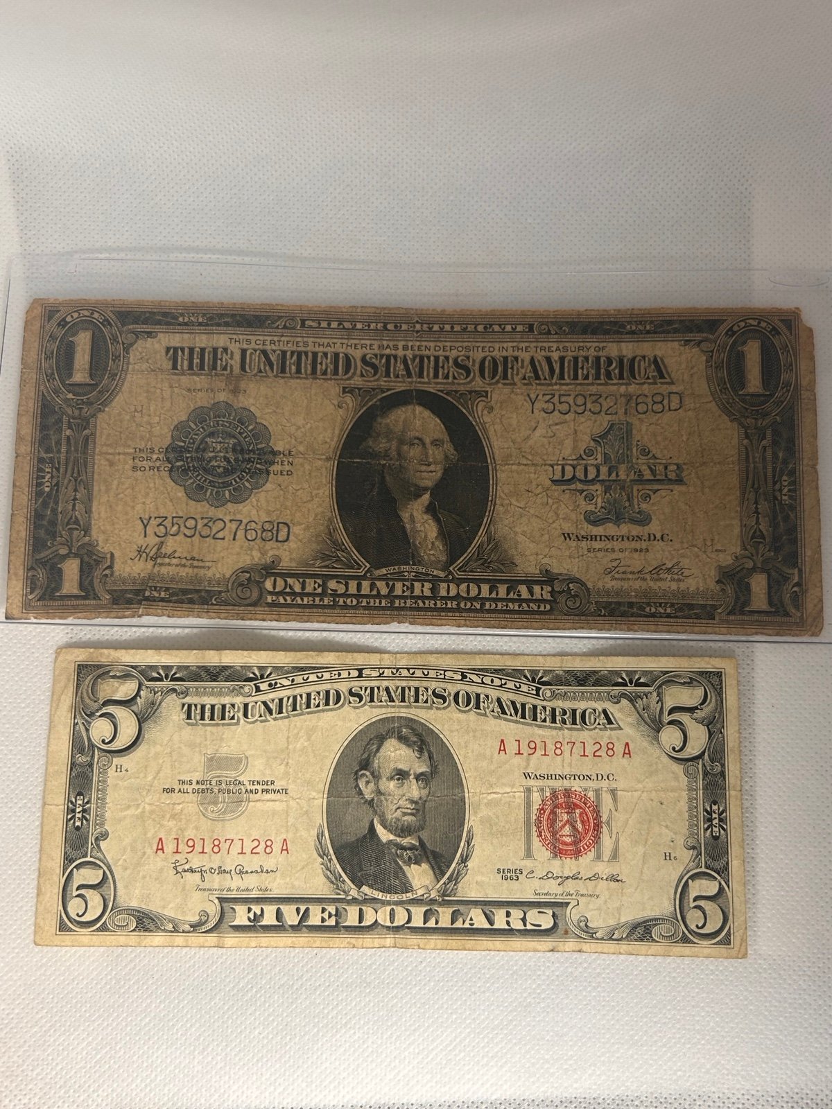 LOT OF 1923 1 SILVER CERTIFICATE HORSEBLANKET & 1963 5 RED SEAL