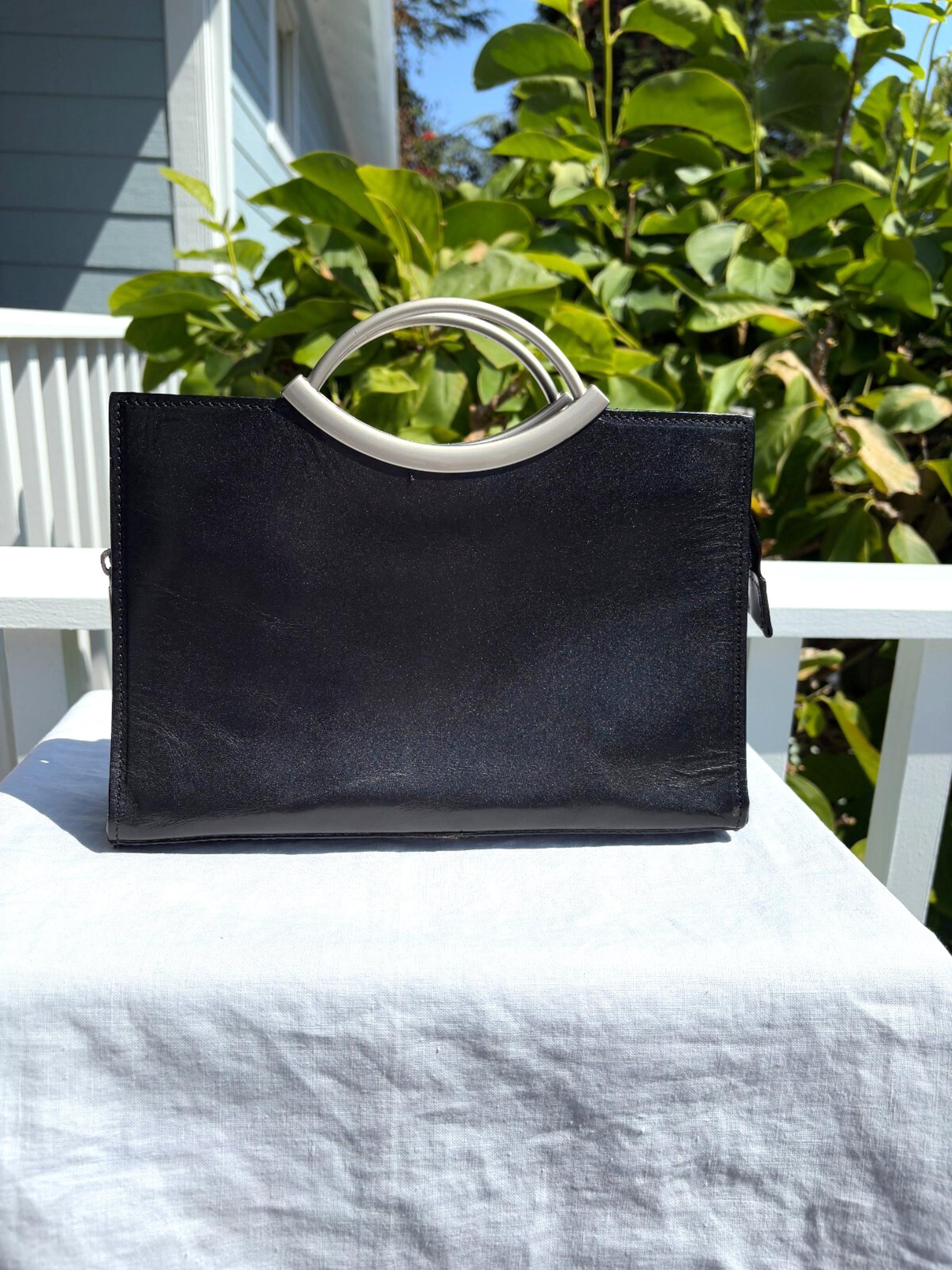 Vera Pelle Italian Black Leather Handbag Purse Silver Metal Handle Satchel Italy