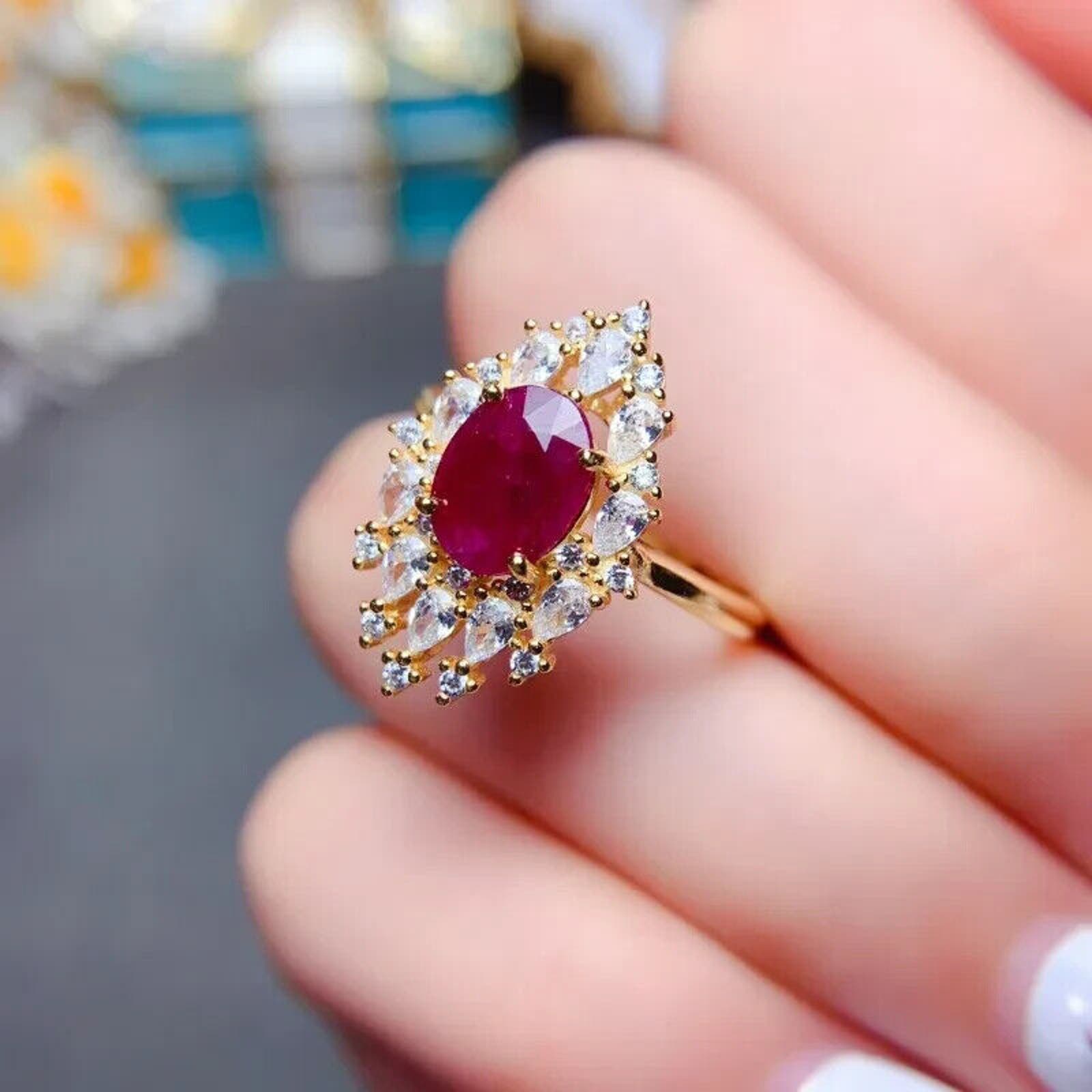 Natural Burmese Ruby Ring 5x7mm Oval Cut, Women's Dark Red Ruby Ring