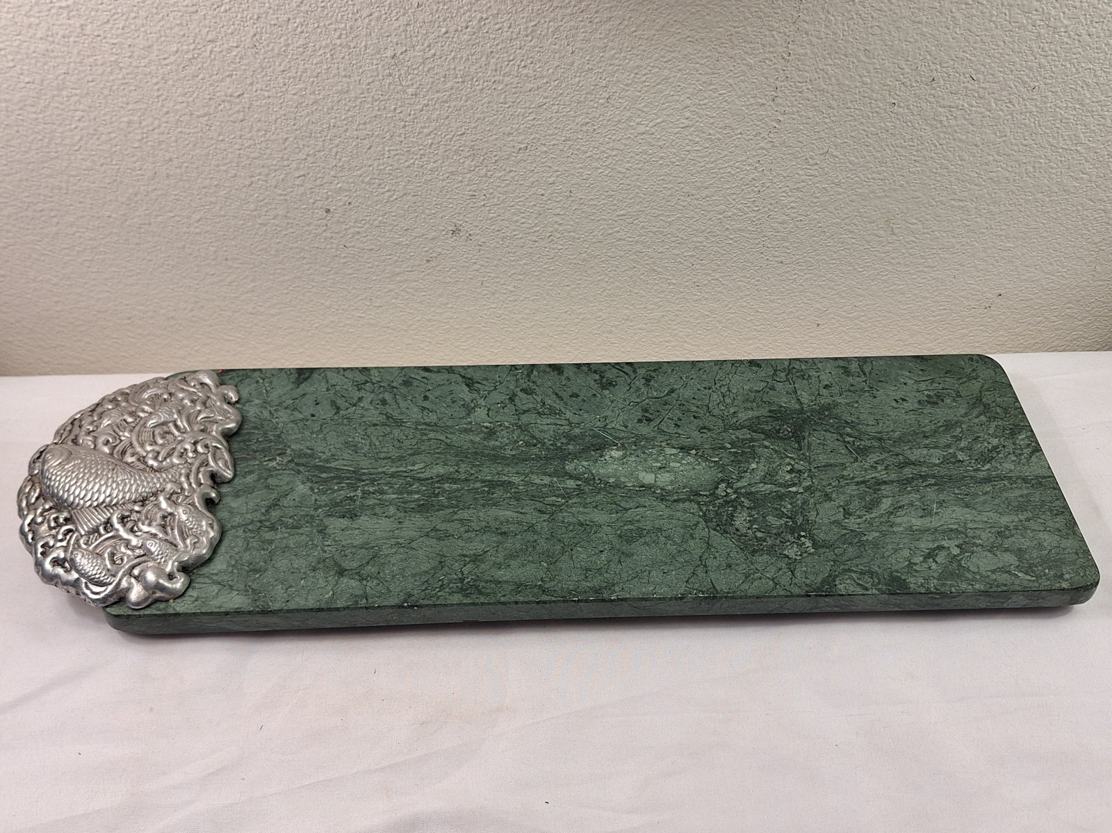 Vintage Green Marble Stone Slab Pewter Fish Cheese Board (19 x 6 )