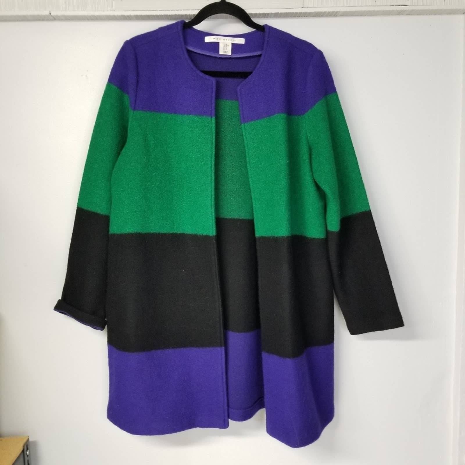Colorblock open cardi bold black purple green stripe wool sweater Max Studio
