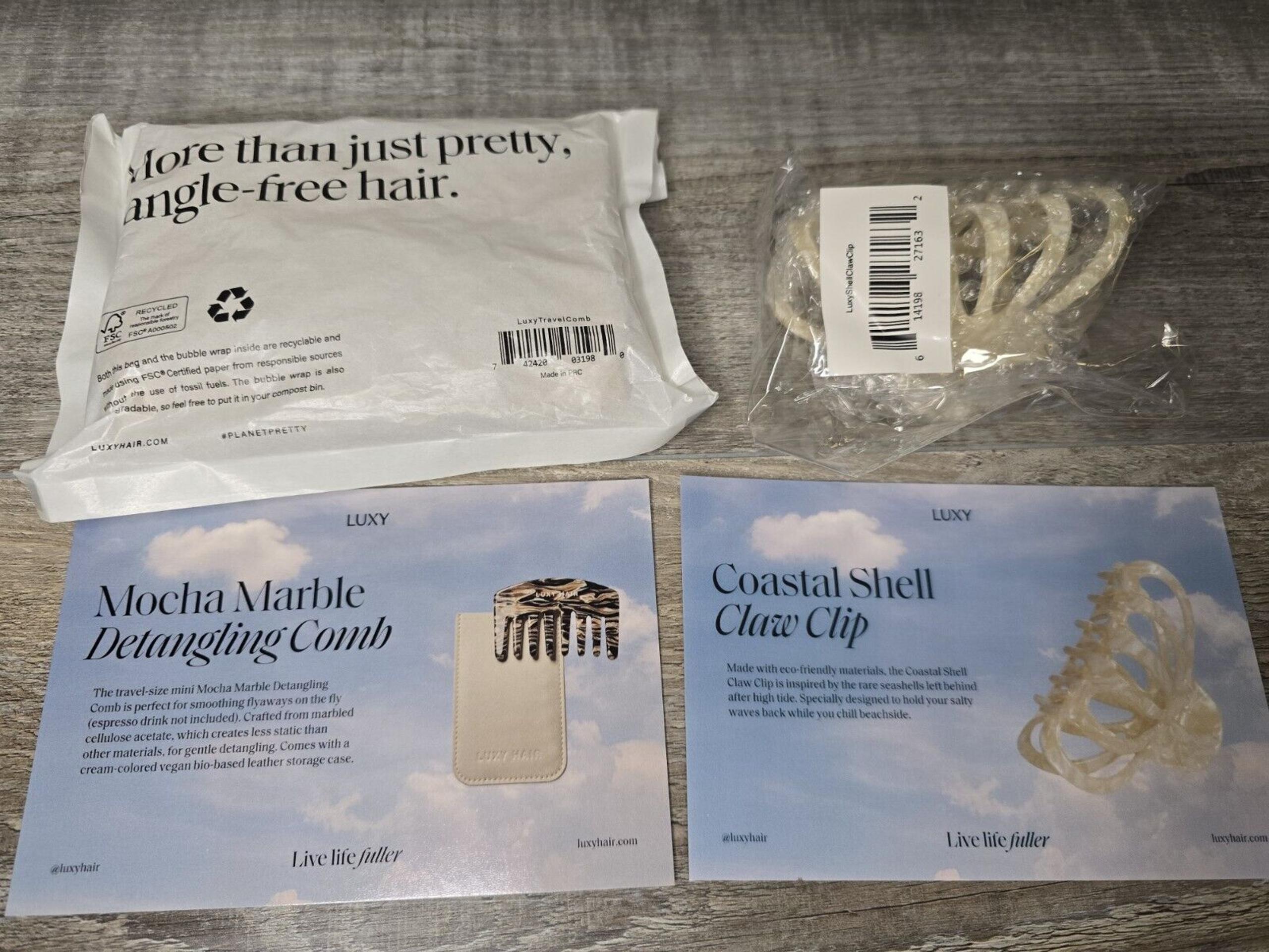 NEW Luxy Hair Mocha Marble Detangling Comb & Coastal Shell Claw Clip Retail: $38