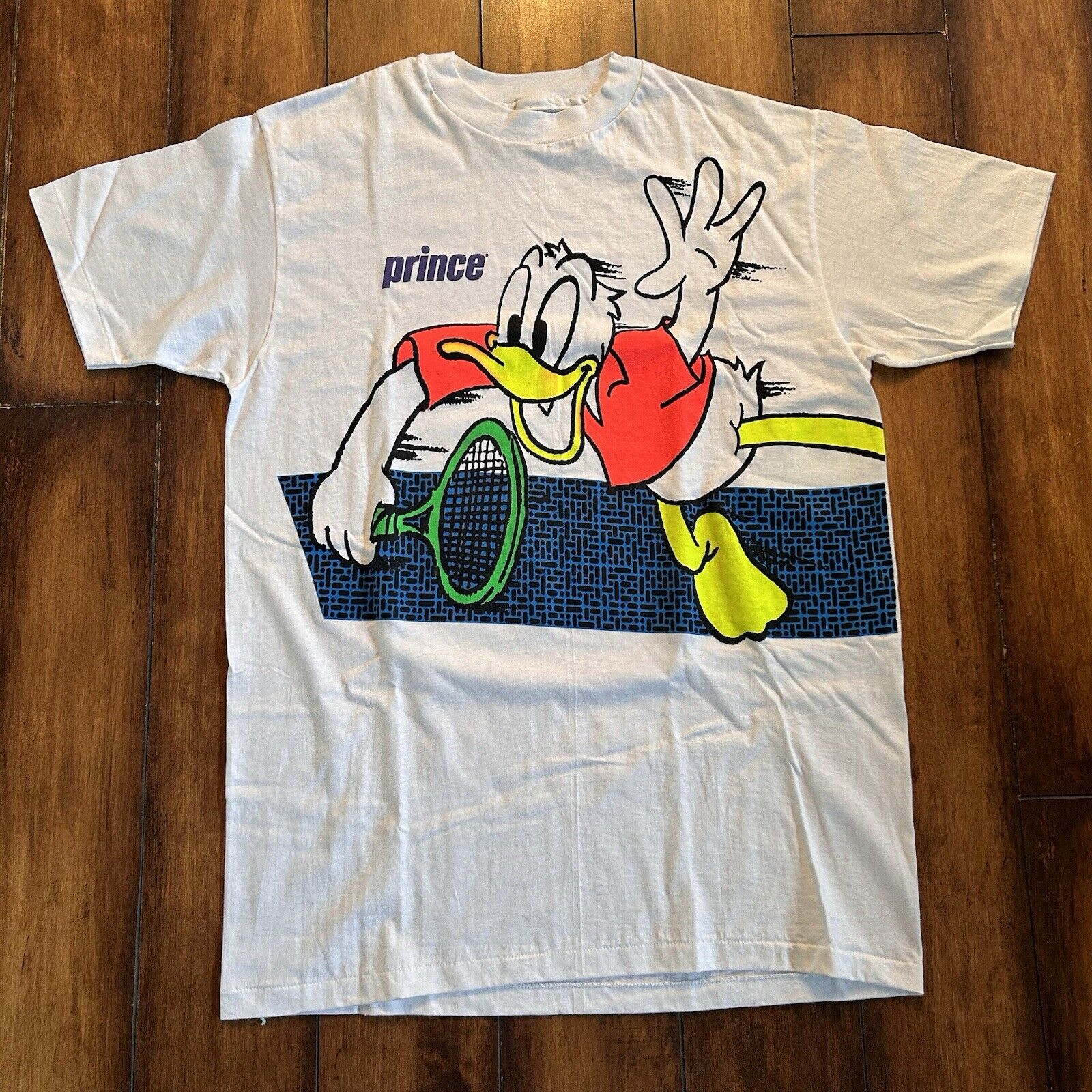 Vintage Prince Tennis Donald Duck T-Shirt Size Large Single Stitch White