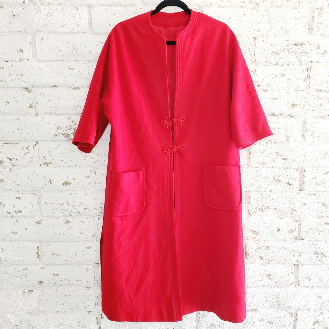 Vintage Womens Red Wool Pea Coat Long Party Over Coat Fall Jacket SZ M/L