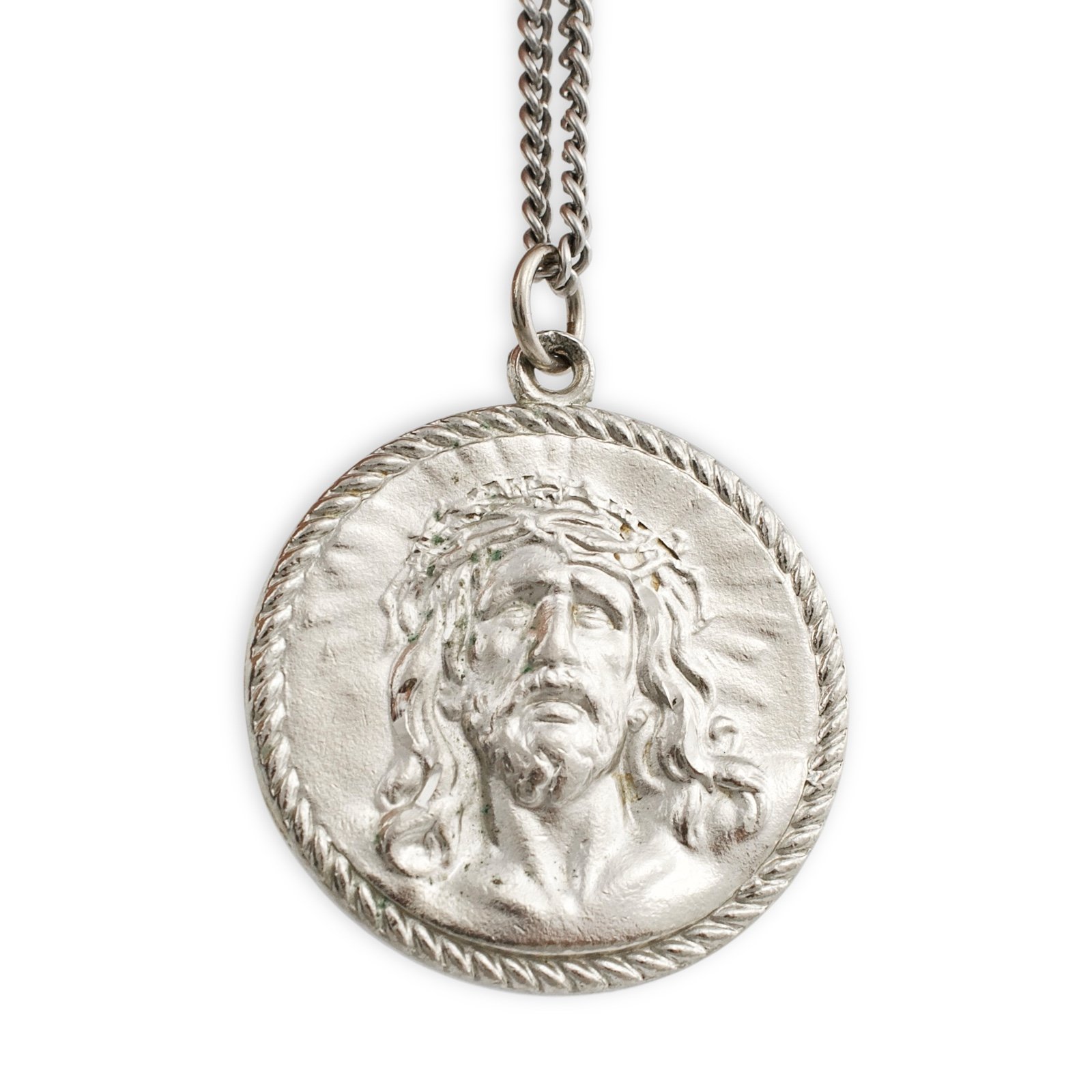 Vintage Jesus Christ Pendant Necklace Crown of Thorns Silver Tone Religious