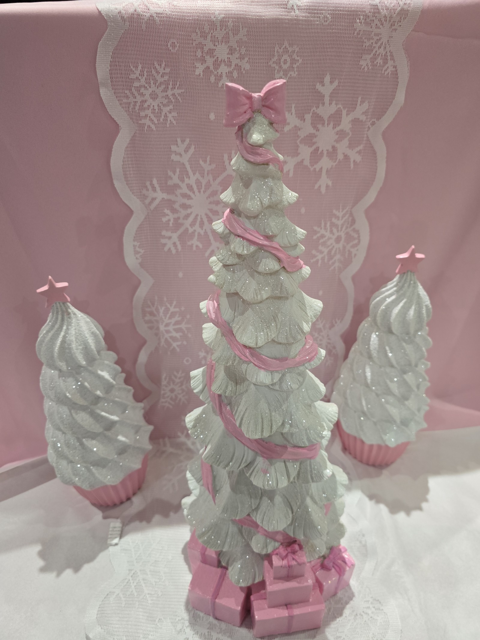 Glittery White Christmas Tree with Pink Bow and Ribbon