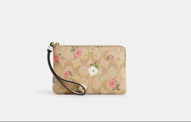 Coach Corner Zip Wristlet In Signature Canvas With Floral Print-Gold Pink Khaki