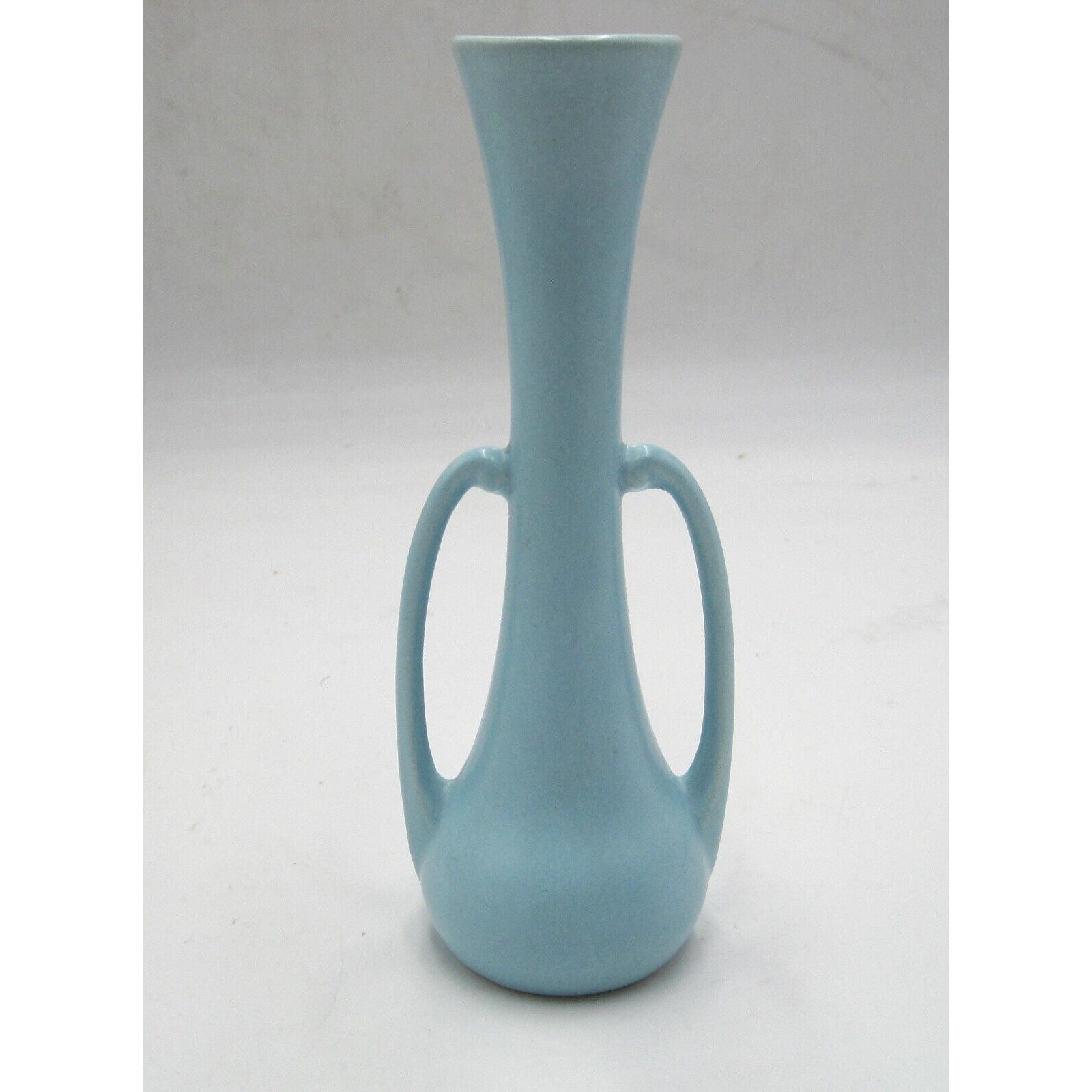 Vintage MCM USA Art Pottery Two Handle Bud Vase Aqua Cameron Clay?