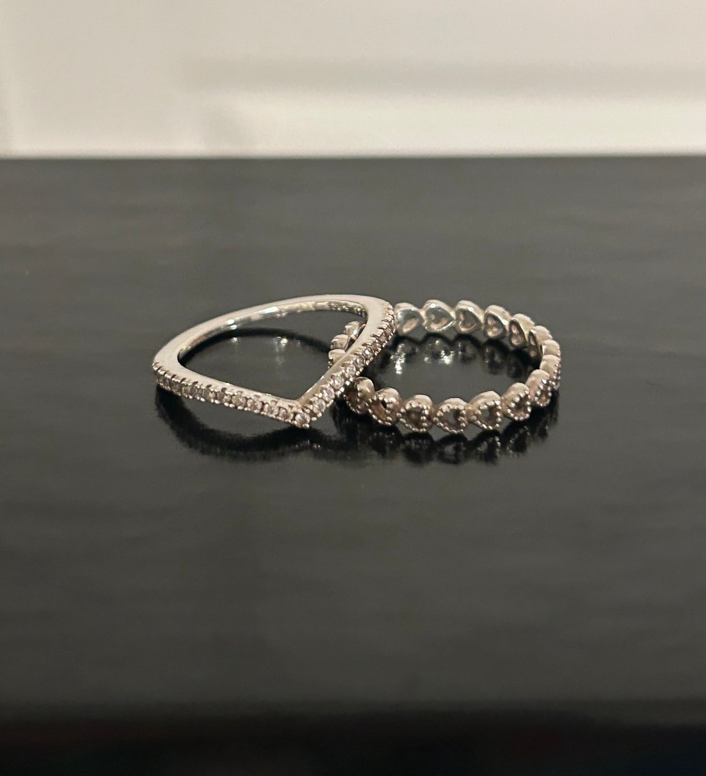 Pandora Wishbone & Band of Hearts 2 Stacking Rings Size 6