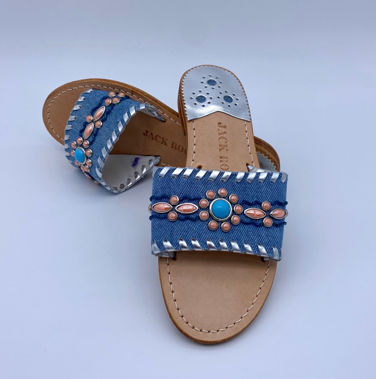 Jack Rogers Flat Sandals Denim Jeweled Silver Slip On Women’s Size 5M New