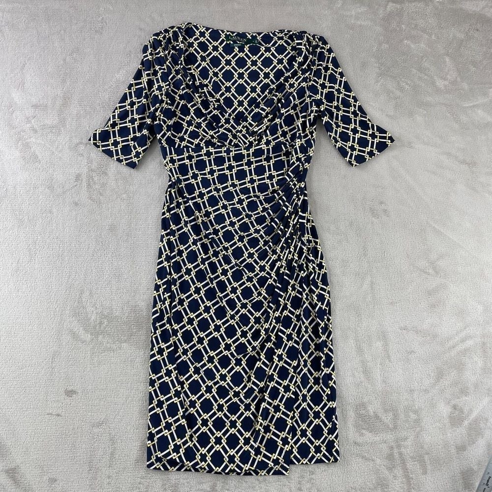 Lauren Ralph Lauren Dress Women 6 Navy Blue Geometric Faux Wrap Midi NWOT