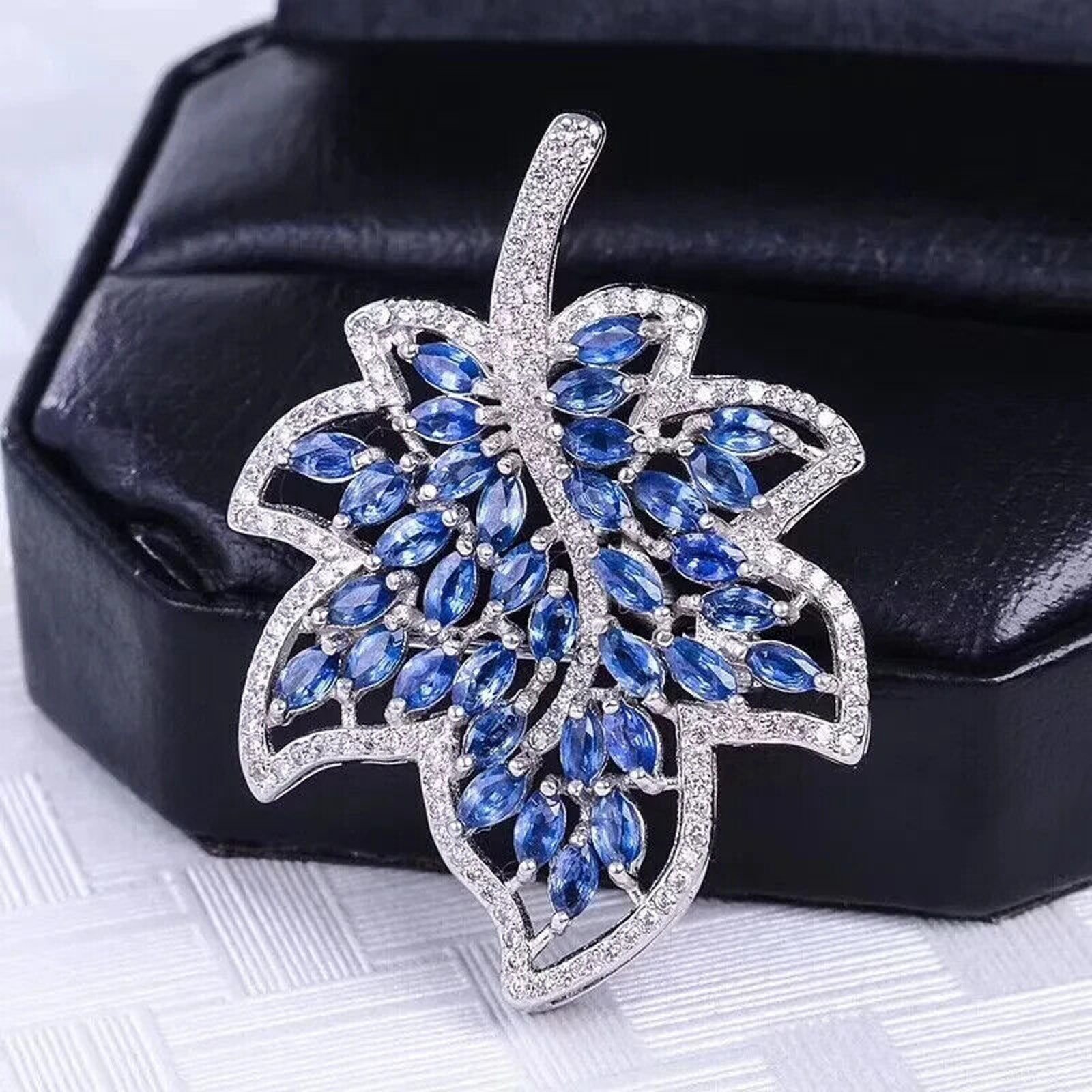 Natural Sapphire Leaf Brooch Marquise Cut 18k White Gold Plated, Sapphire and CZ