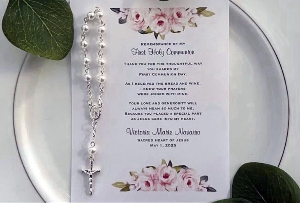 10 FIRST COMMUNION religious pink rosary remembrance prayer cards favors gifts
