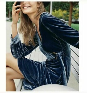 ANTHROPOLOGIE MAEVE BLUE VELVET LONG SLEEVE WRAP SHIRT DRESS O NEW HOLIDAY