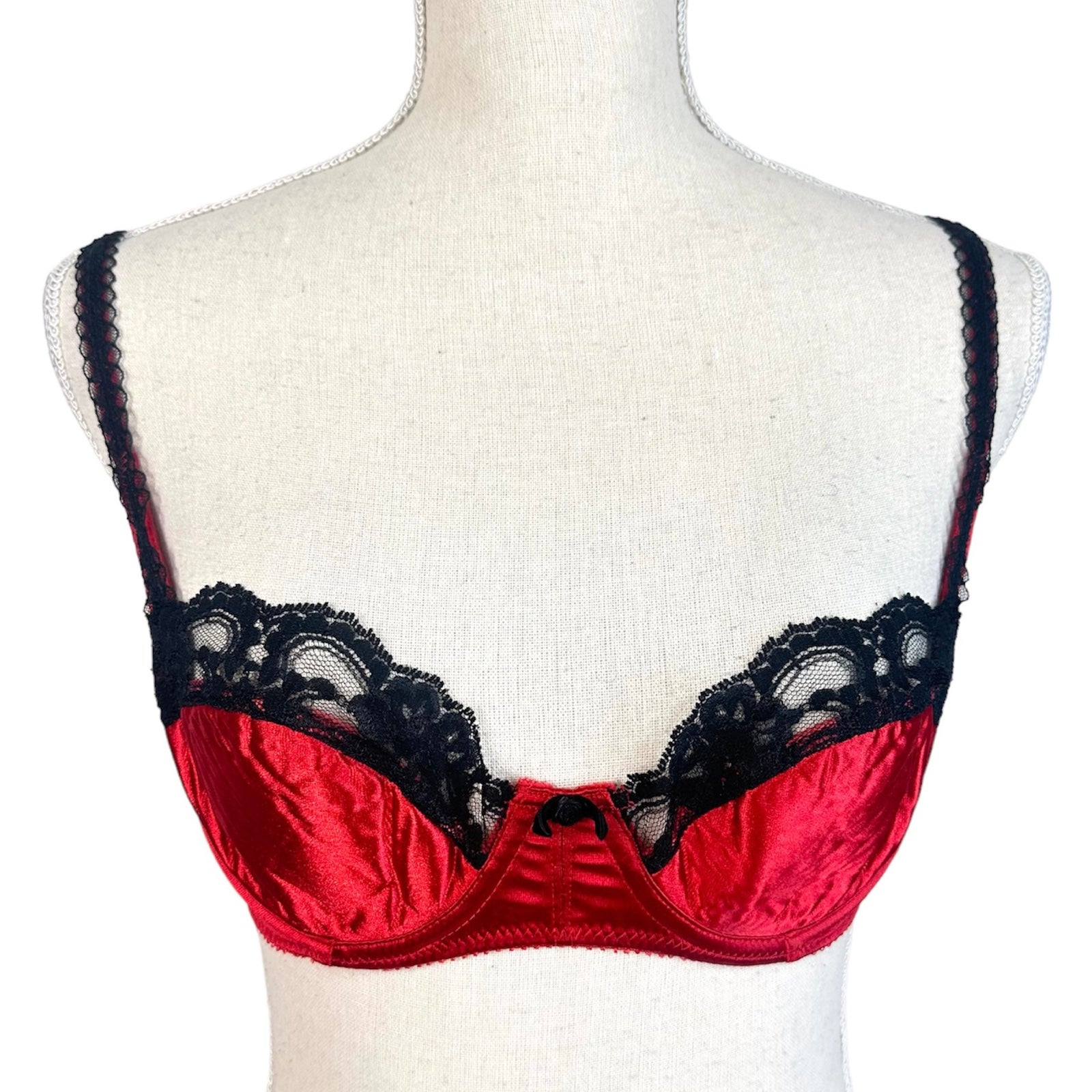Vintage Victoria’s Secret Red Satin Black Lace Bra Size 34B 90s Pin Up Lingerie