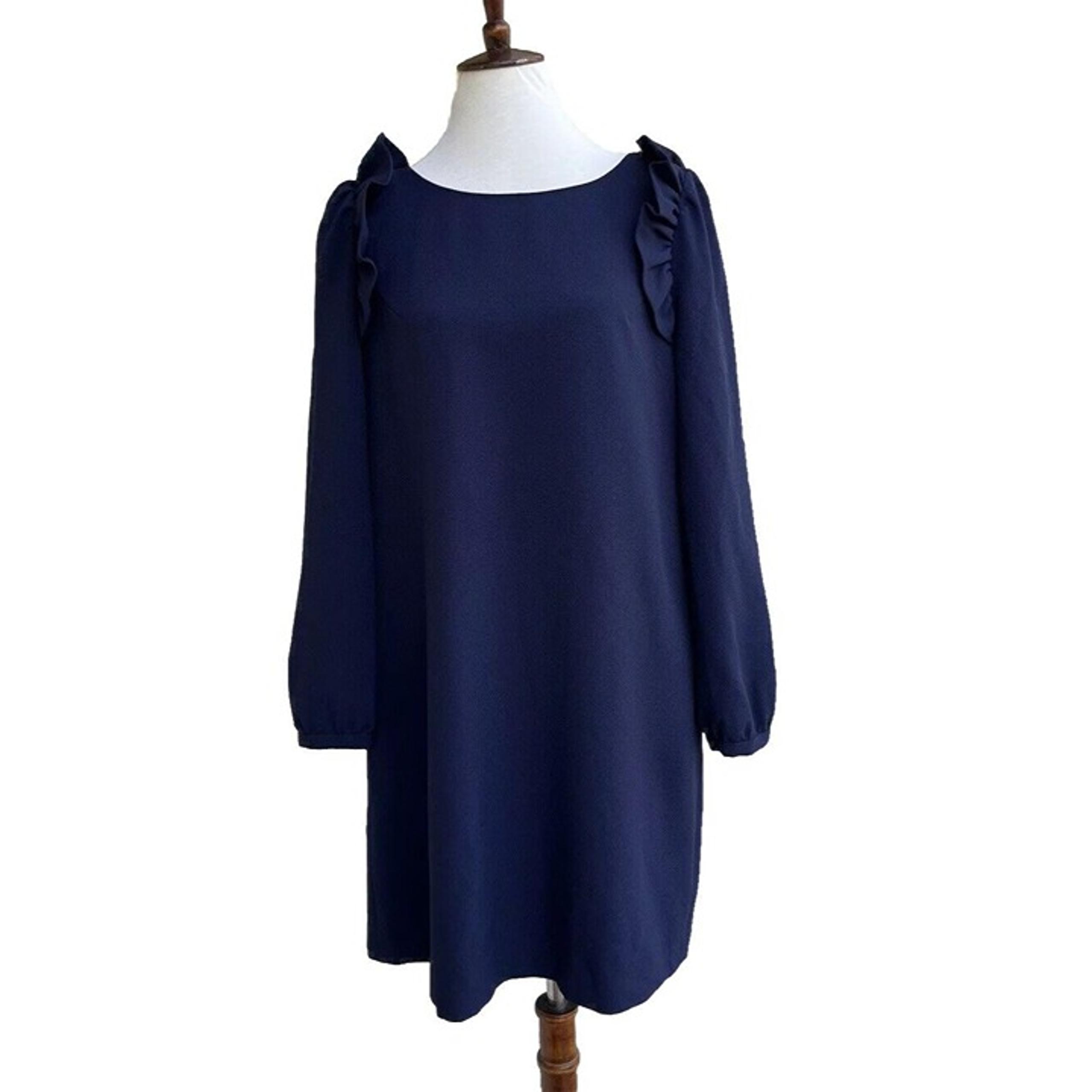 Chelsea28 Womens Navy Blue Long Sleeve Ruffle Shift Dress Size 14