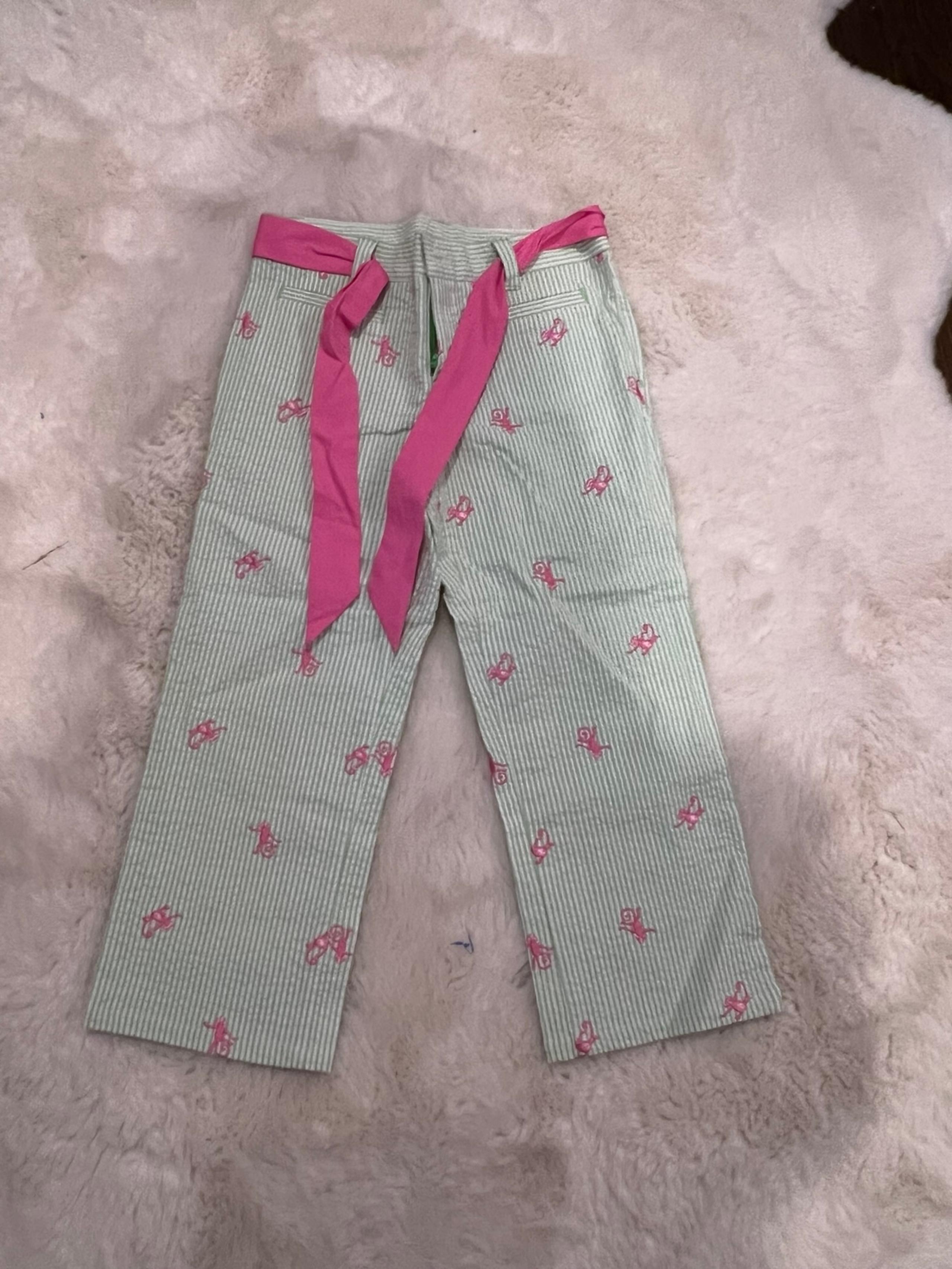 Lilly Pulitzer Girls Pants – Size 8 – Pink Embroidered Seersucker with Belt