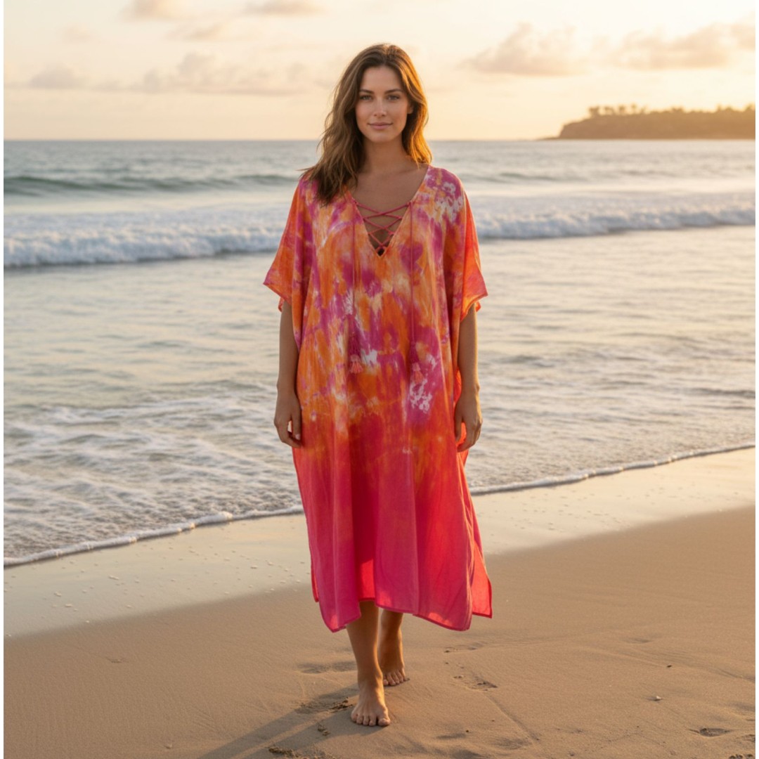 Tommy Bahama Tidal Tie Dye V-Neck Long Caftan L XL Pink Cover Up Tassel Beach