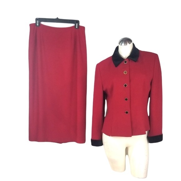 Kasper Size 10P Red Skirt Suit Velvet Tr