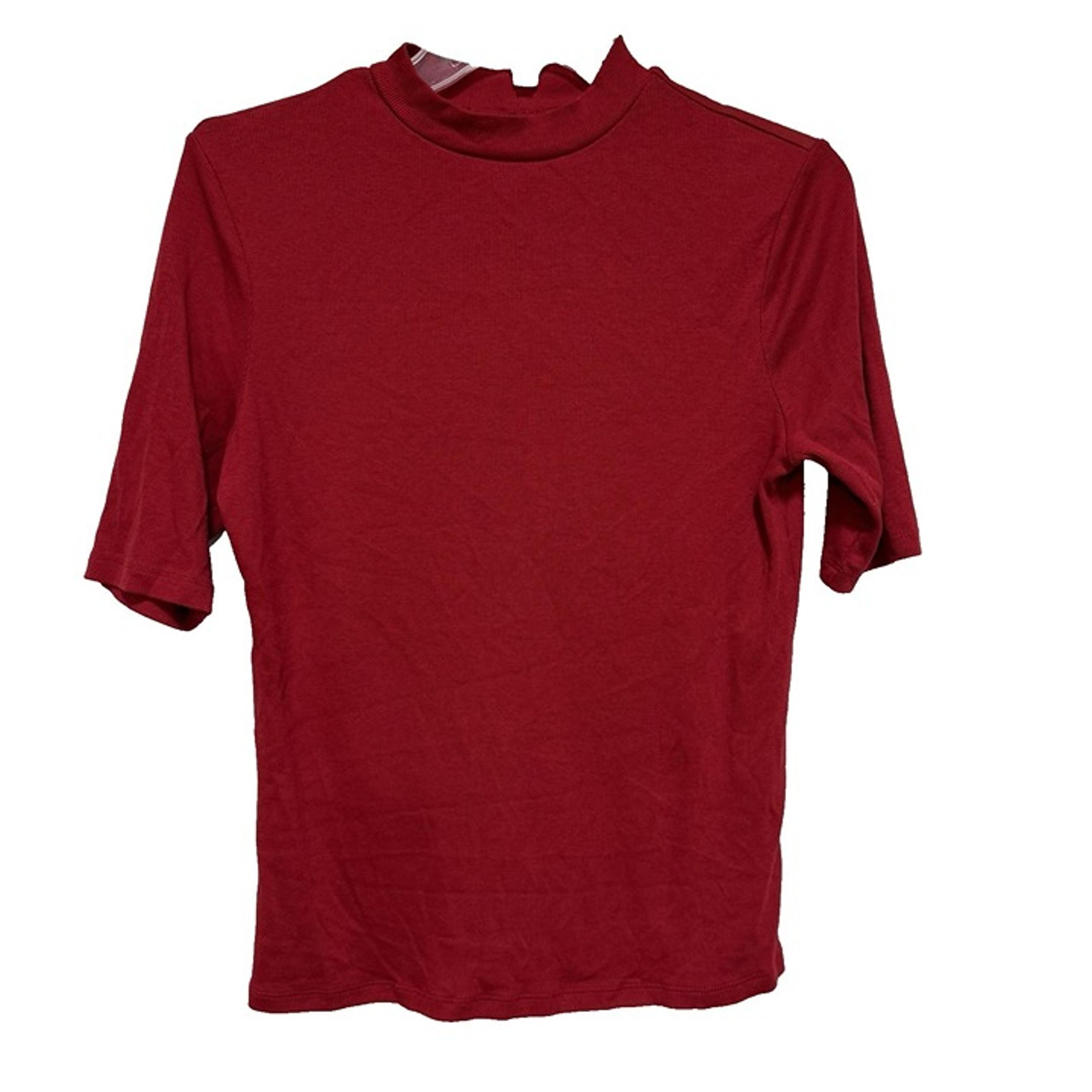 A New Day Top Womens Medium Red Mock Neck Shirt Short Sleeve Ribbed Pullover Lay
