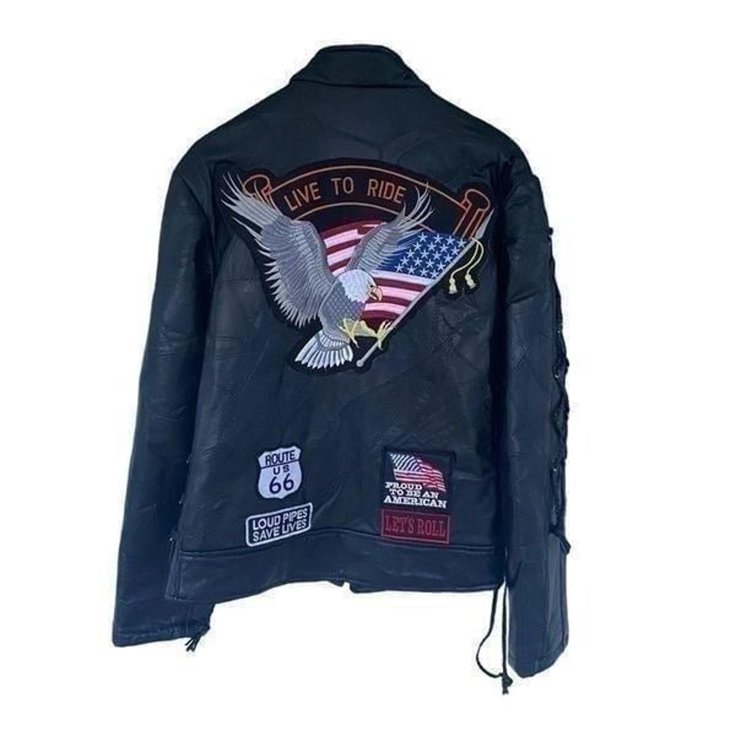 Diamond Plate Buffalo Leather Patchwork Motorcycle Mens Jacket American Flag Med