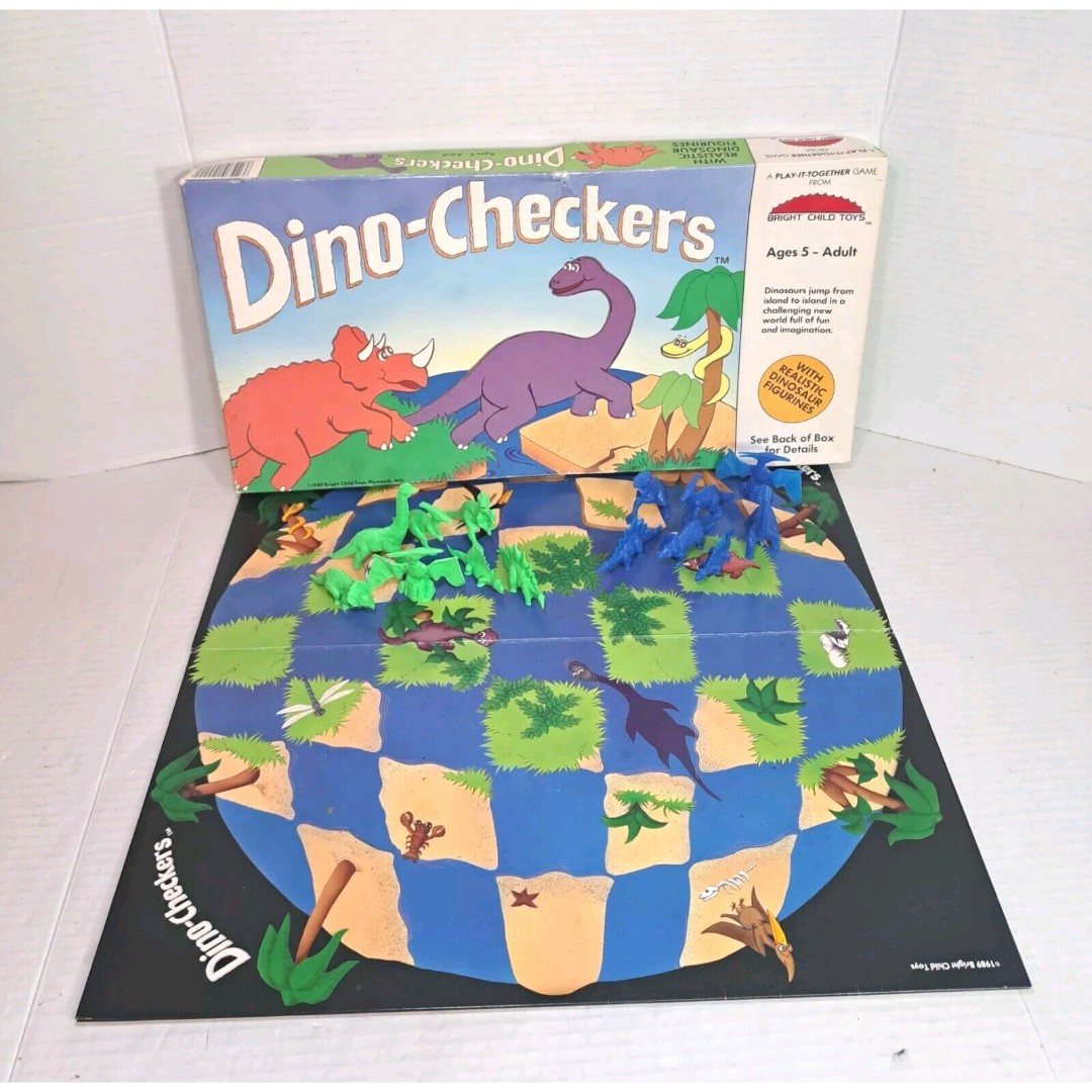 Dino-Checkers Bright Child Toys Board Game 1989 Dinosaur Strategy Complete CIB