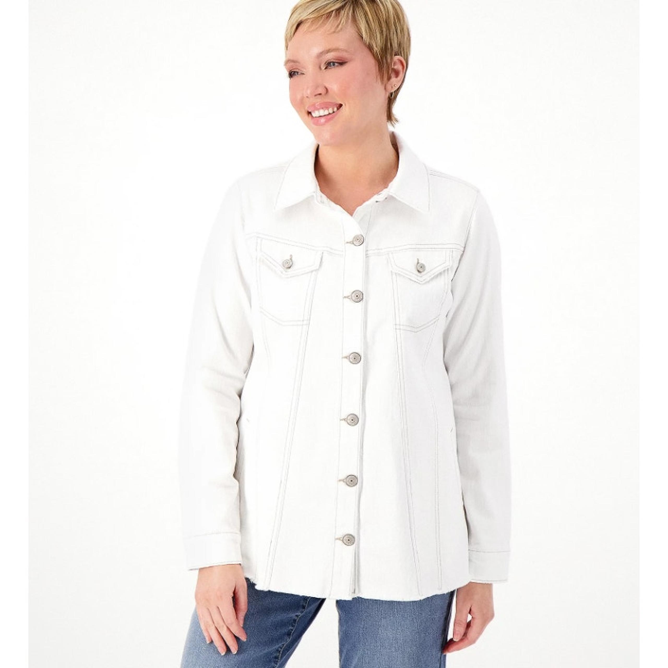 LOGO by Lori Goldstein Jeans Jacket Womens Size 6 White Color with Frayed Hem
