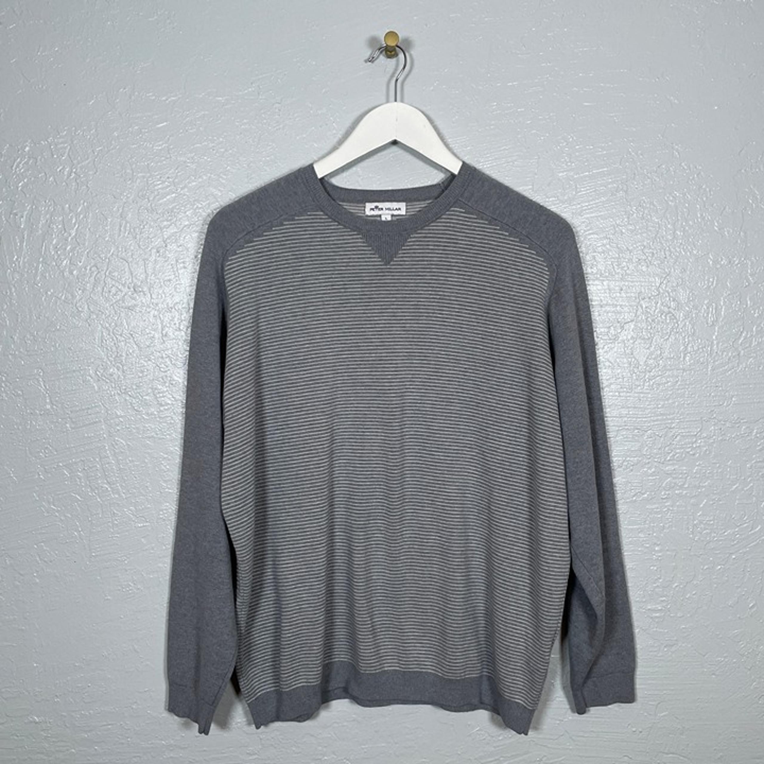 Peter Millar Men L Gray Stripe Crown Sport Sweater Crewneck Silk Cashmere Blend
