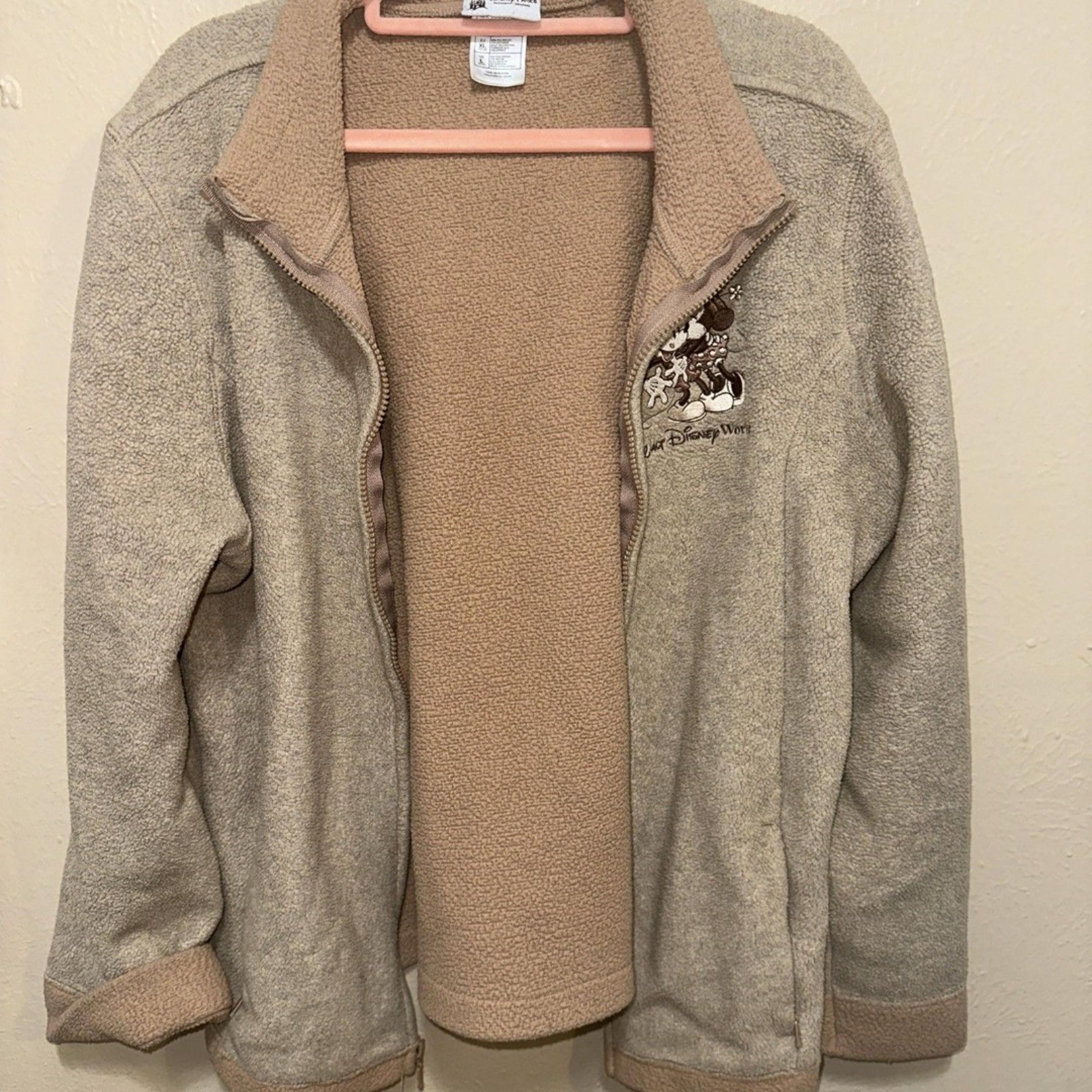 Disney Parks Full Zip Fleece Jacket Beige Mickey Minnie Mouse Womens LG Pockets