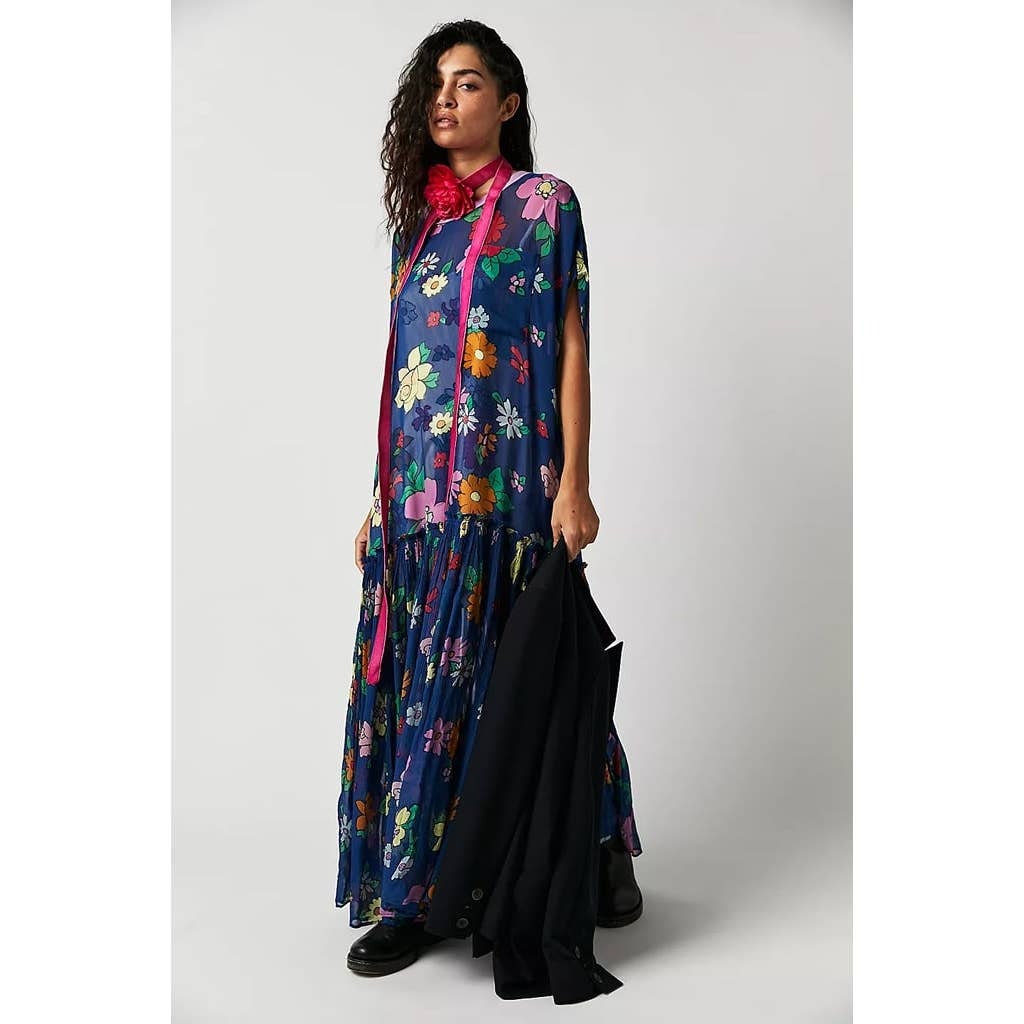 New Free People Mina Retro Floral Maxi Dress Chiffon 298 X-SMALL Blue Mini Slip