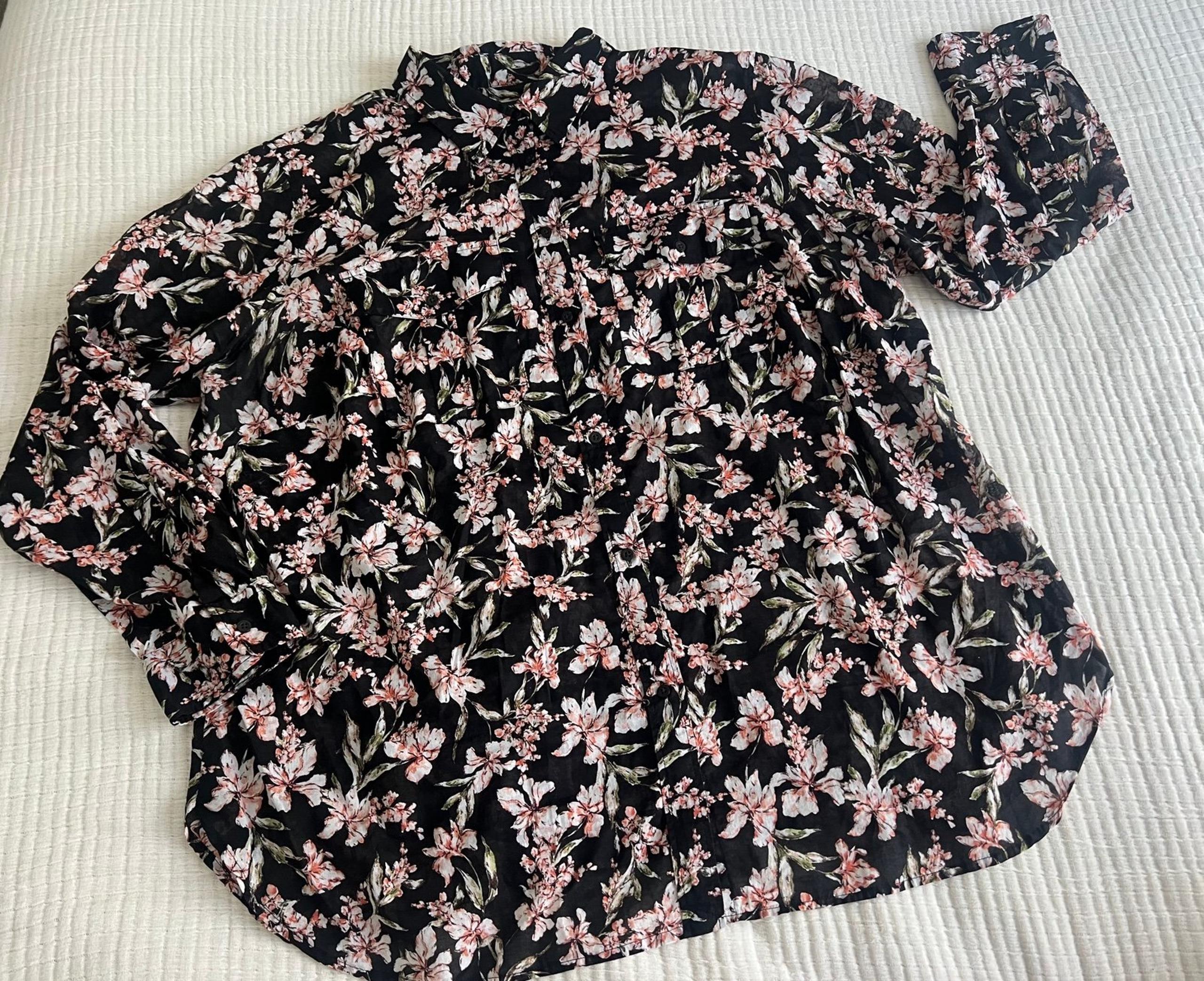 Lauren Ralph Lauren Women's Shirt Black Floral Button Front Lightweight Top 2X