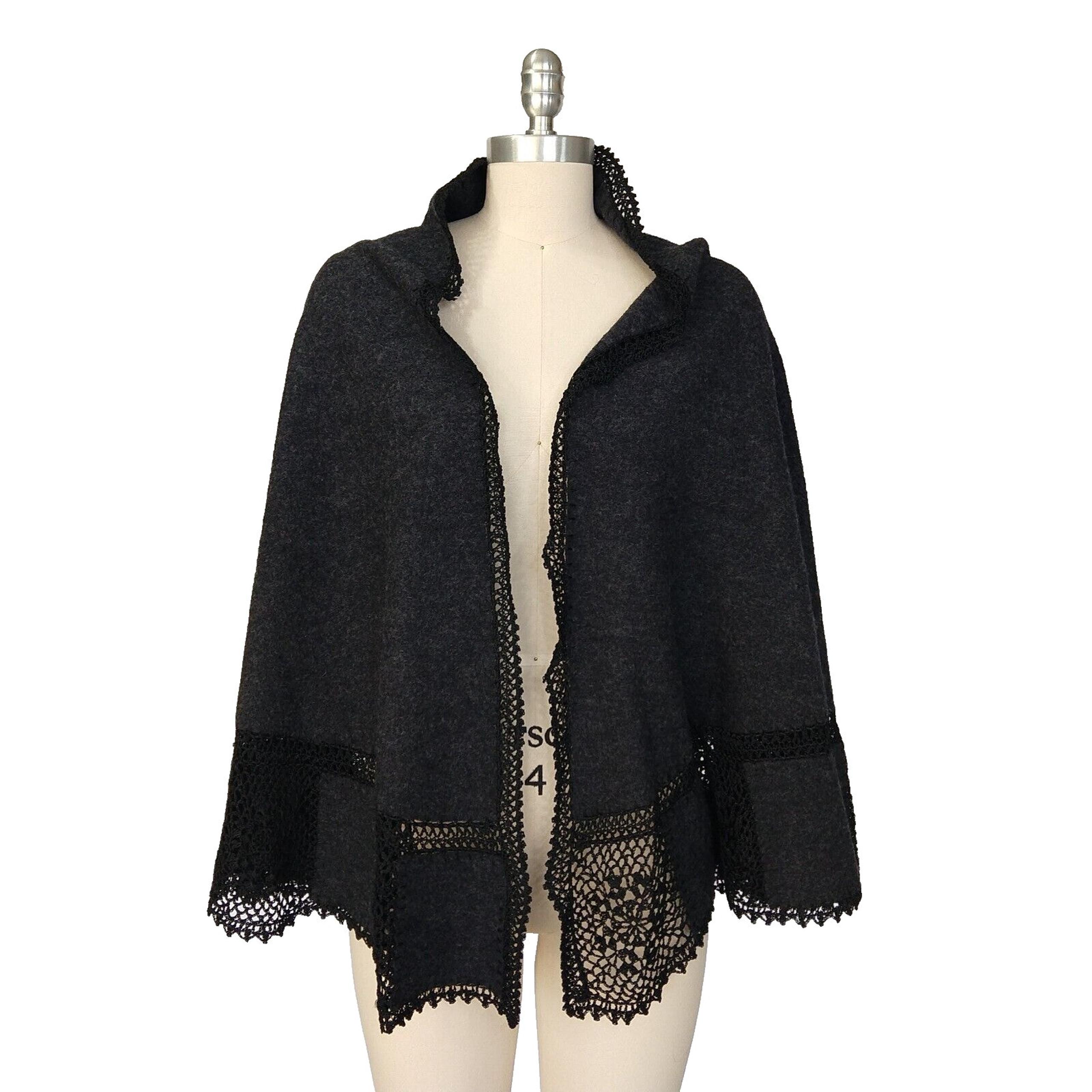 CAbi Charcoal Gray 100% Wool Shawl Wrap Crochet OS Style #122 Granny Square Knit