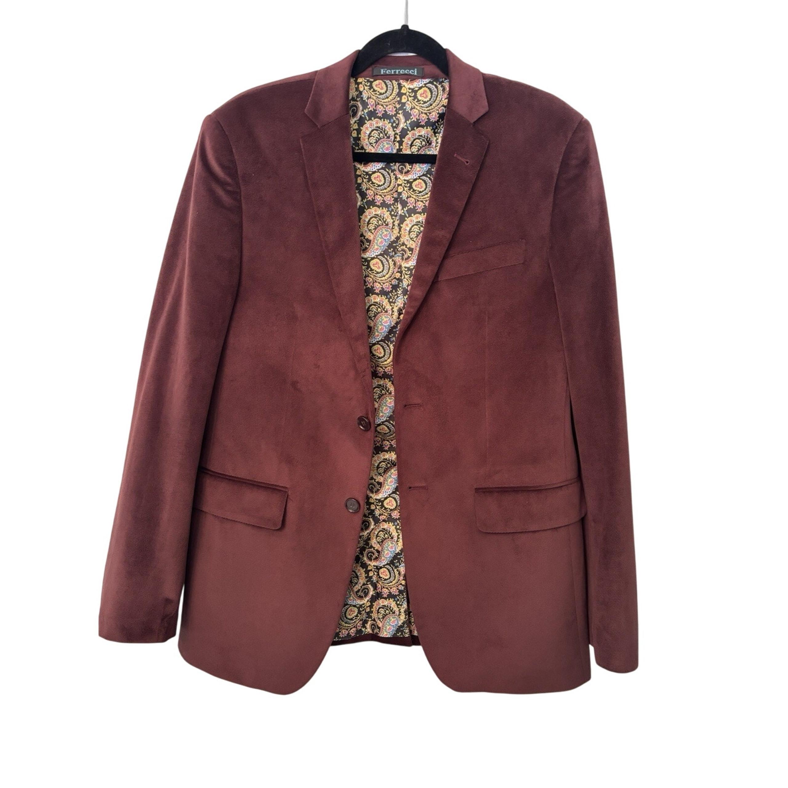 Ferrecci Blazer Mens Medium Burgundy Velvet Jacket Luxury Wild Print