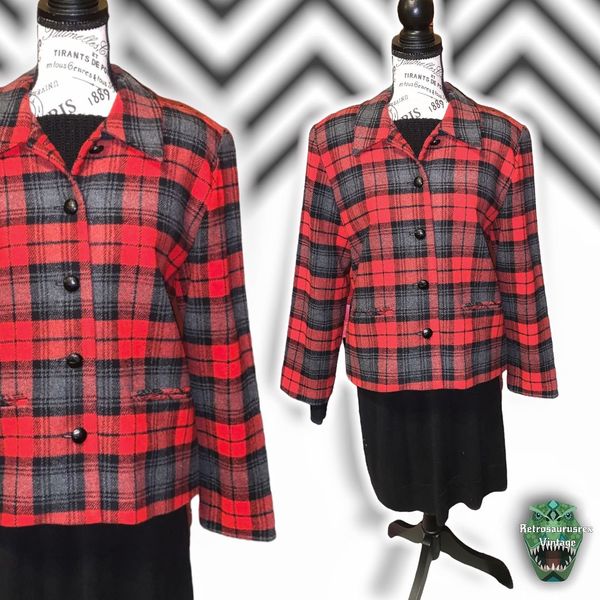 Vintage 1990’s Quirky Twee Tartan Plaid Wool 49er Style Blazer Jacket, Size 12P