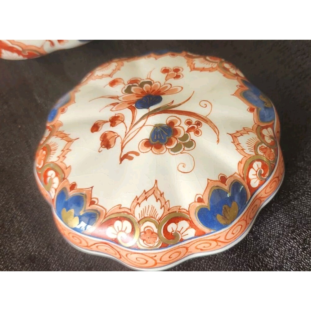 VINTAGE DELFT IMARI PORCELIAN &quot;PORCELEYNE FLES&quot; LIDDED BOX with GOLD TRIM Signed