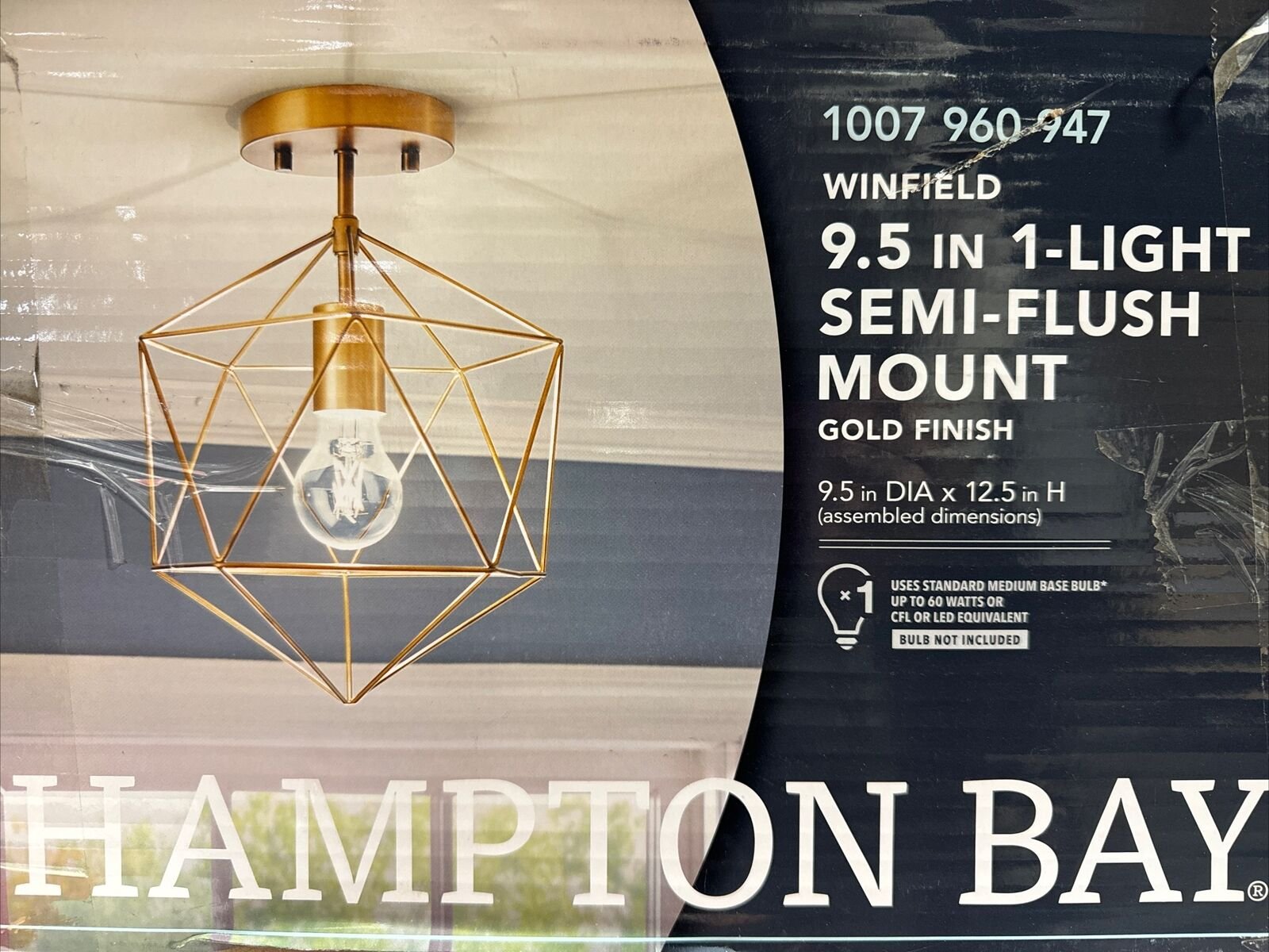 Hampton Bay Winfield 9.5 in. 1-Light Gold Semi-Flush Mount Ceiling Light Fixture
