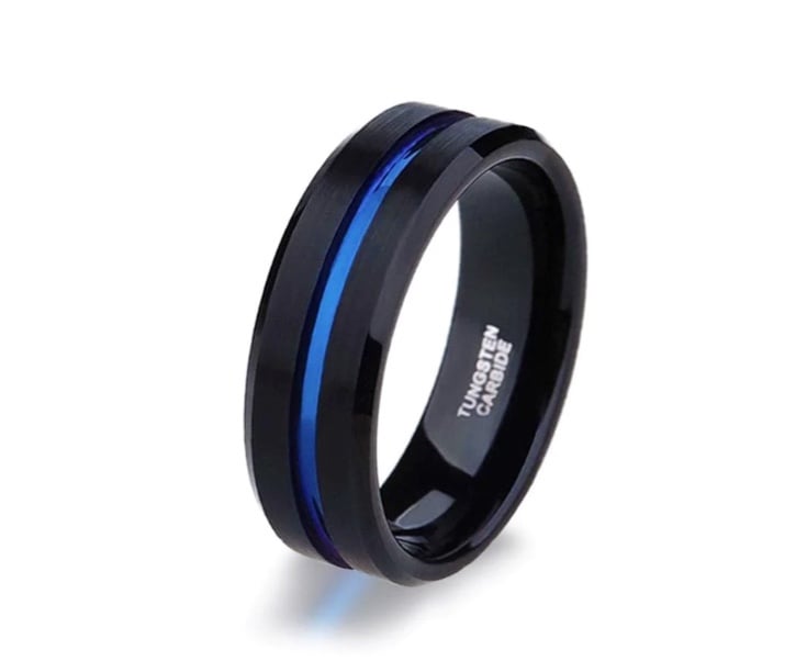 Black and Blue Tungsten Carbide Wedding Band size 11