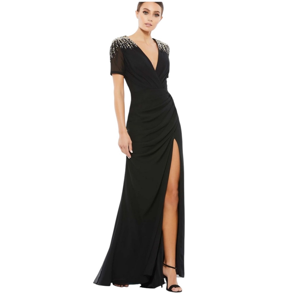 Mac Duggal Black Sequined Embellished Shoulder Evening Gown Style 55704 Sz 2 NWT