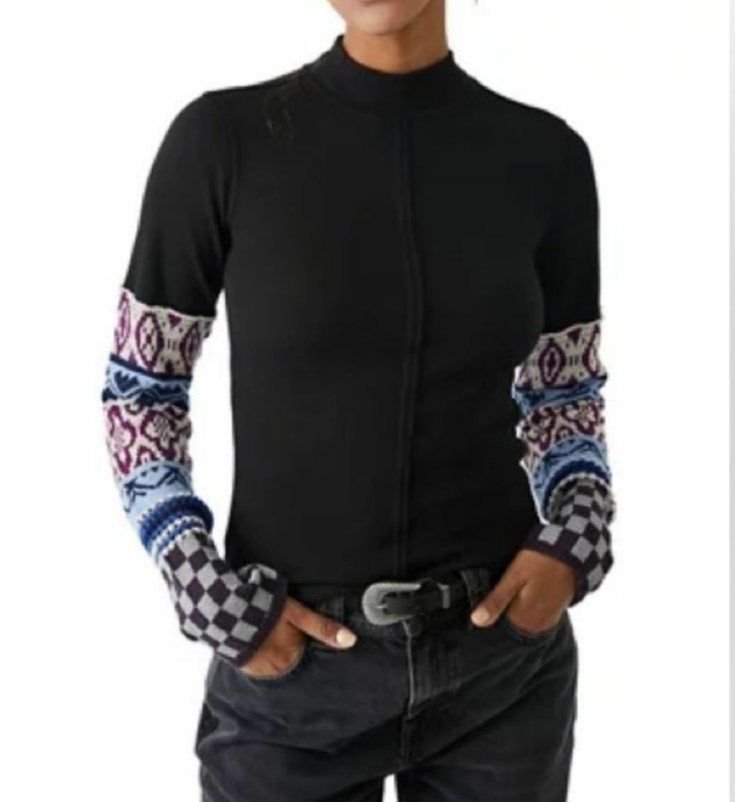 Free People Gorgeous Cuff Checkered Sleeve Thermal Black Top Size XS