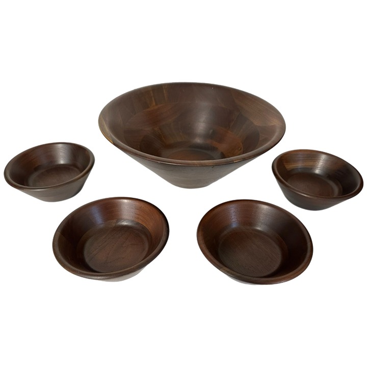 Vermillion MCM Real Walnut Wood Salad Set Large Bowl & 4 Small Bowls Vintage