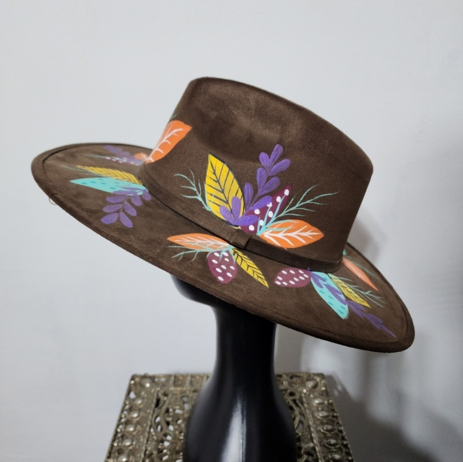 Brown Suede Hat with Leaves & Feathers