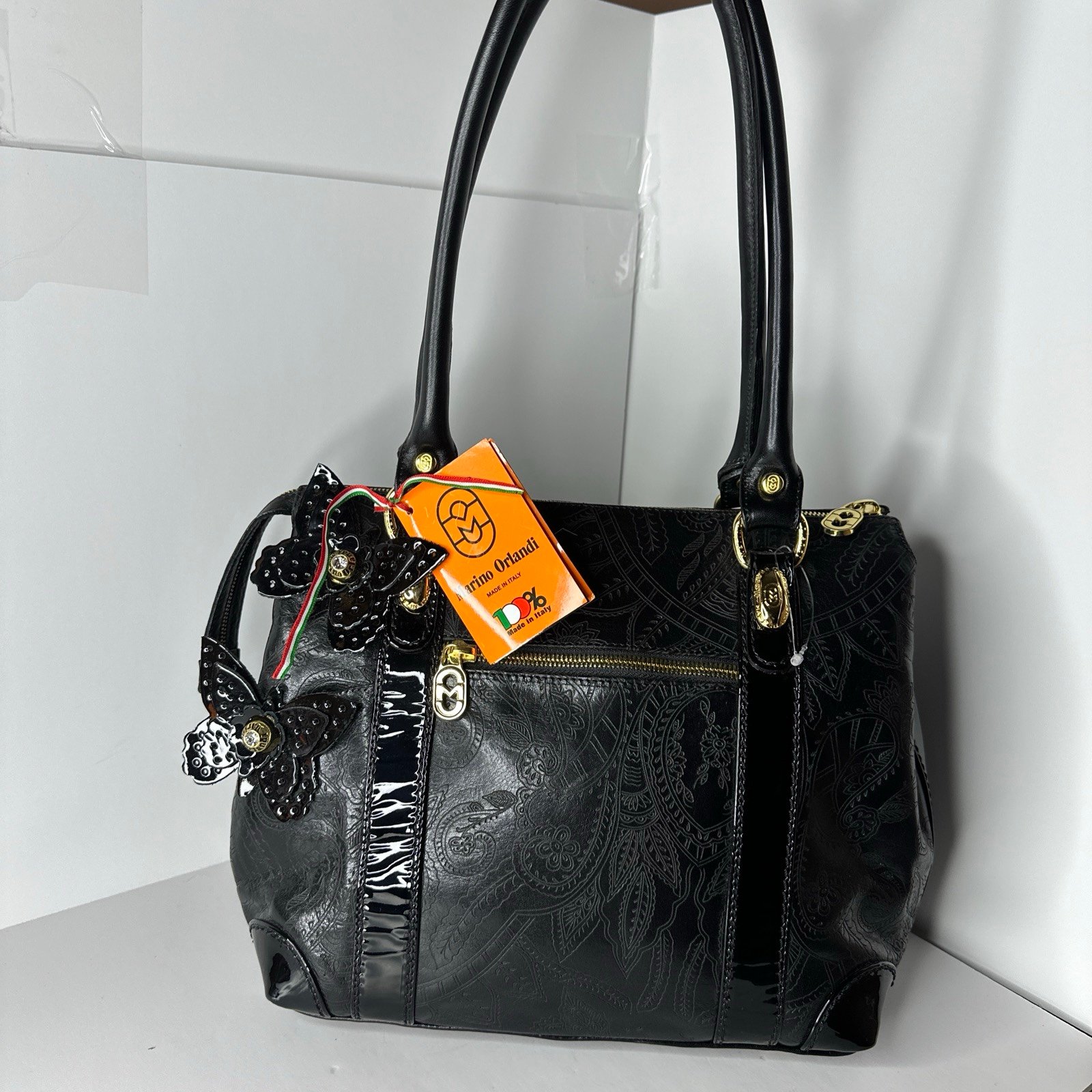 NWT MARINO ORLANDI Italian Designer floral embossed leather Satchel Bag