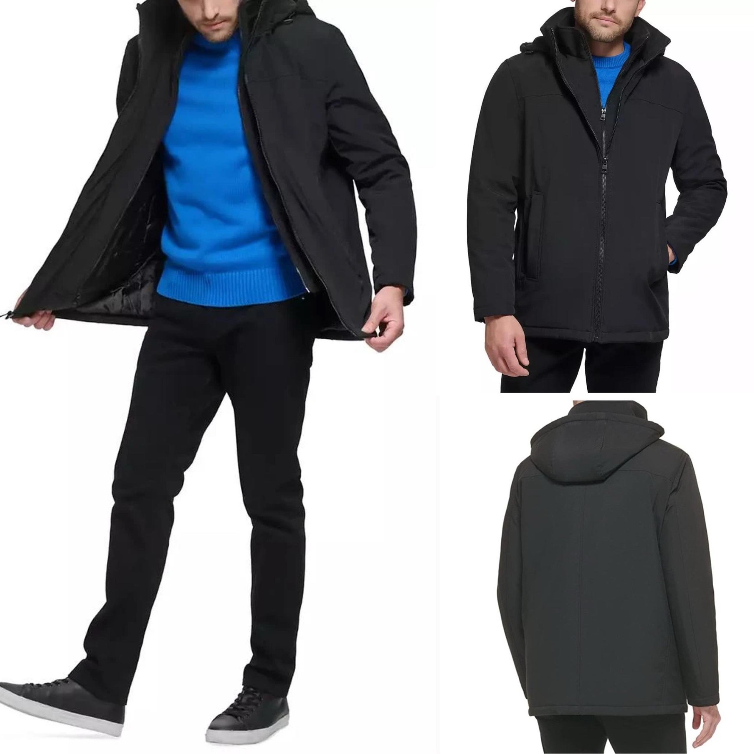 Calvin Klein Men Black Stretch Jacket W/ Fleece Lined Bib Hooded Zip Coat