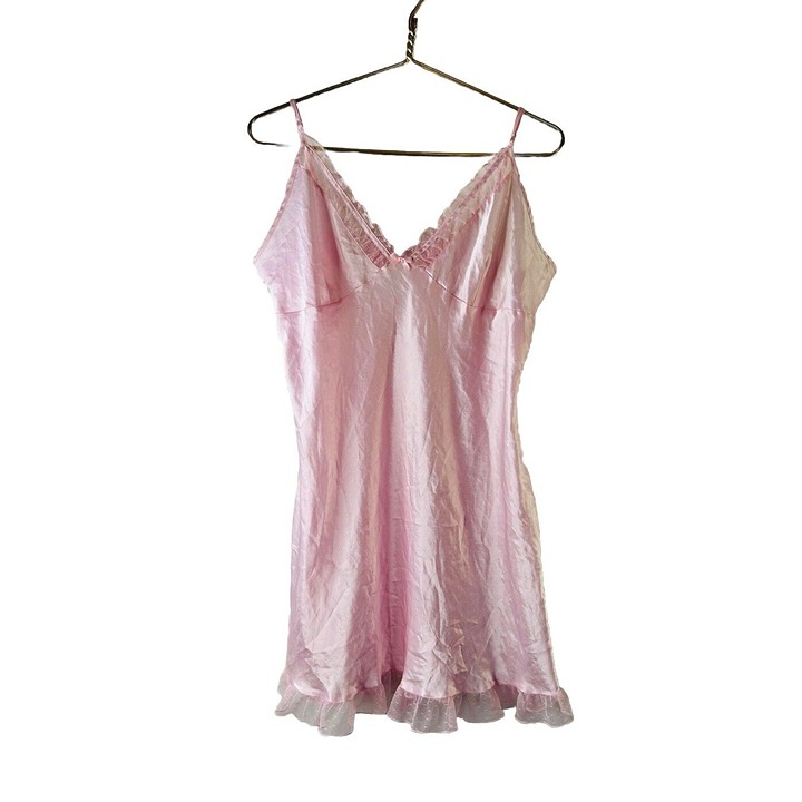 Vintage Y2K Womens Large Pink Satin Lace Frilly Chemise Slip Dress Fairy Romanti