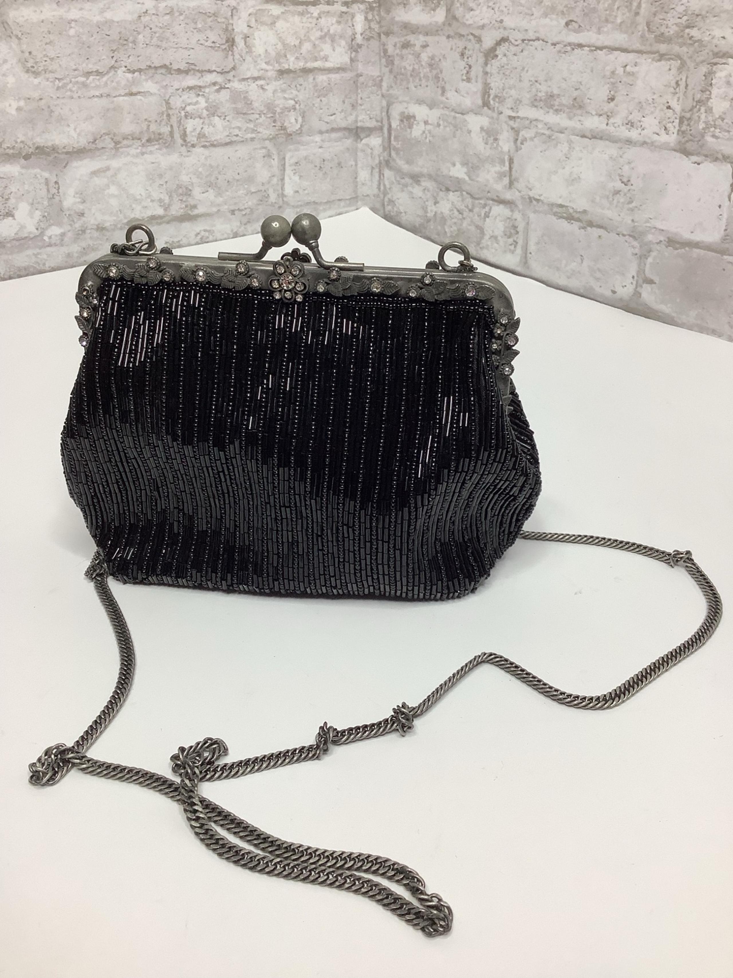 Vintage Jessica McClintock Black Beaded Shoulder Bag Chain Strap Crystals Rare