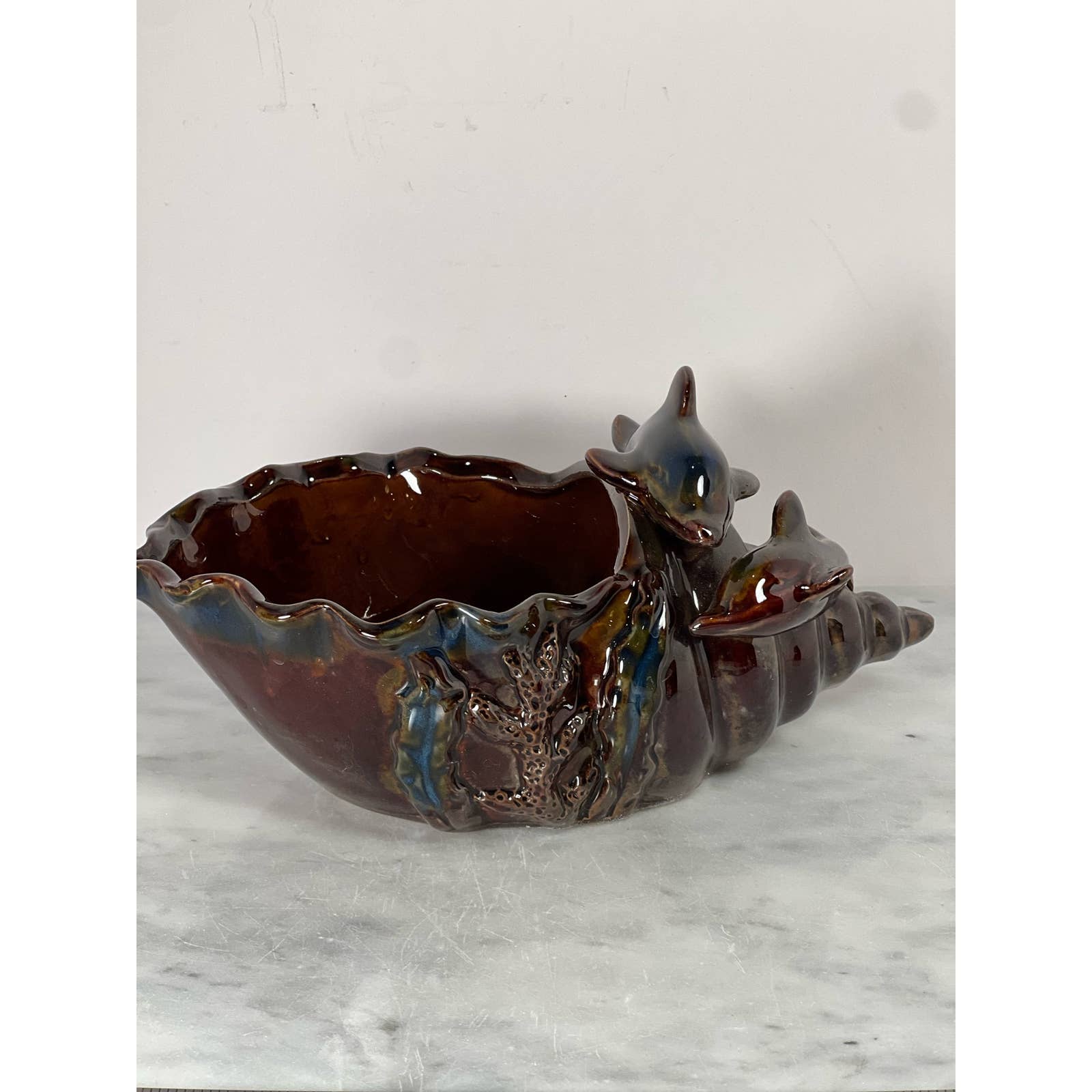 Vintage Art Potery Dolphin on Shell With Coral Planter Bowl