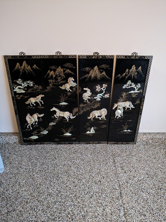 Vintage lacquer hand crafted 4 panel wall decor. Made with lots of details