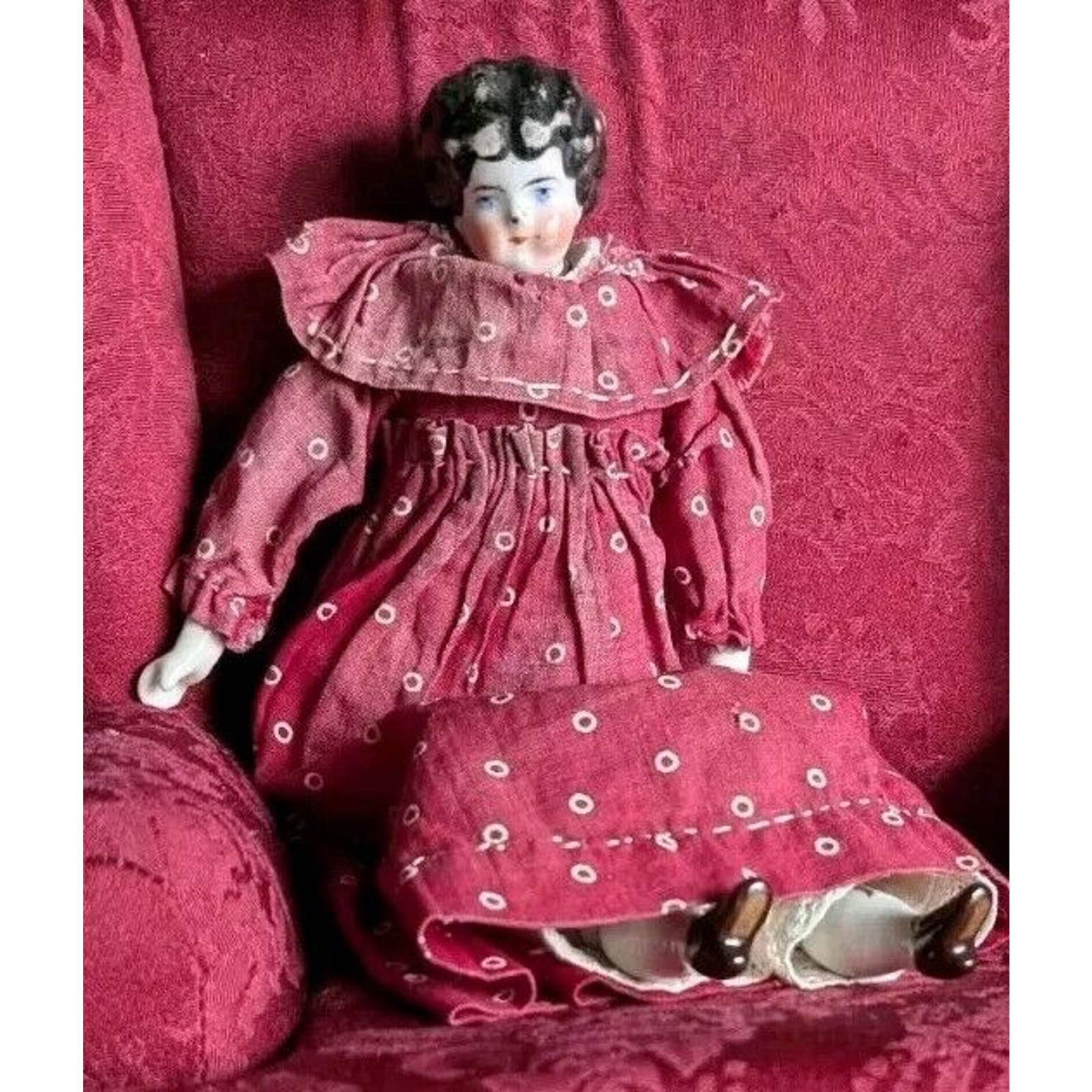 Antique German China Head Doll Low Brow Porcelain 10" Victorian Sawdust Boehme