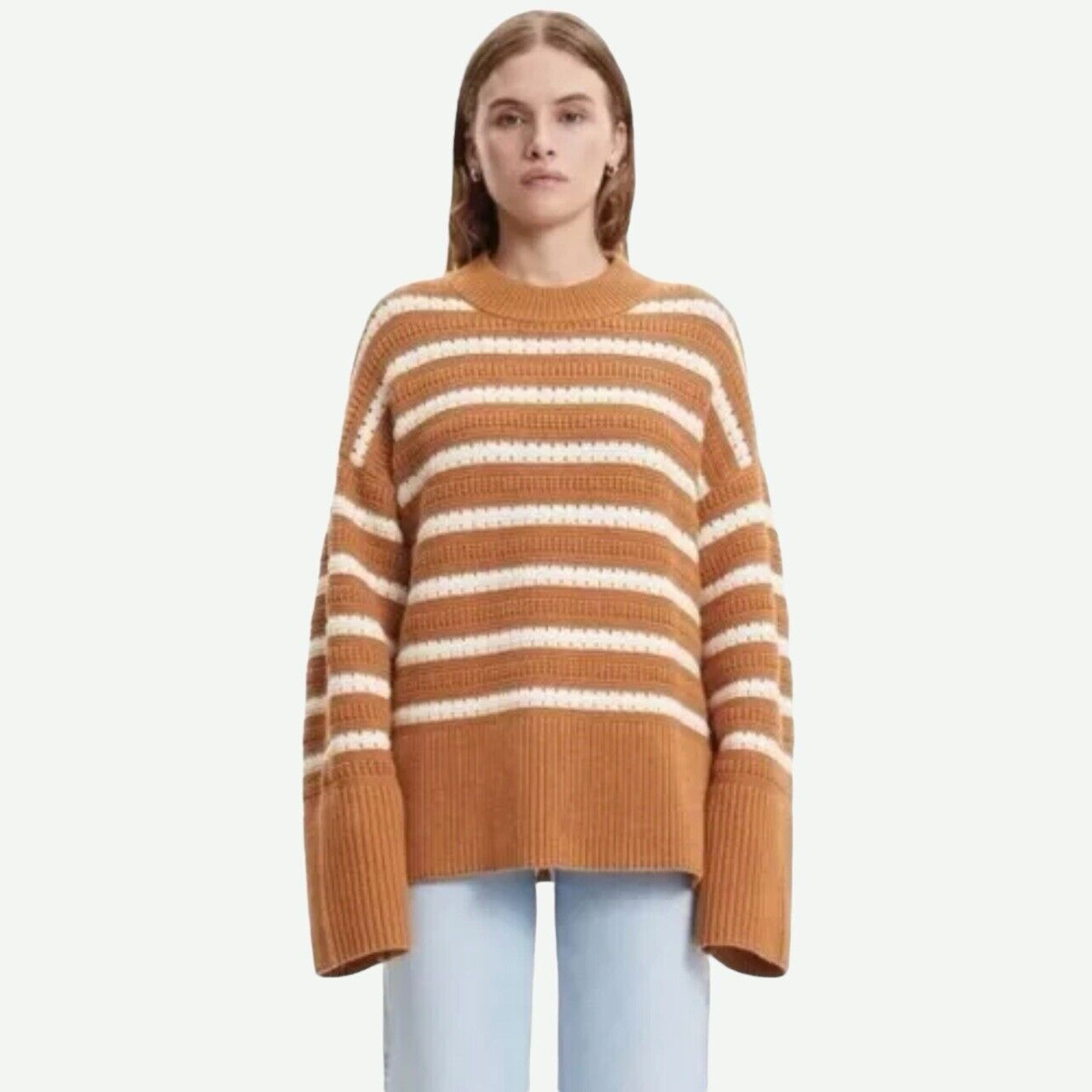 Samsoe Samsoe Raili Stripe Oversized Organic Cotton Wool Sweater L Brown Sugar
